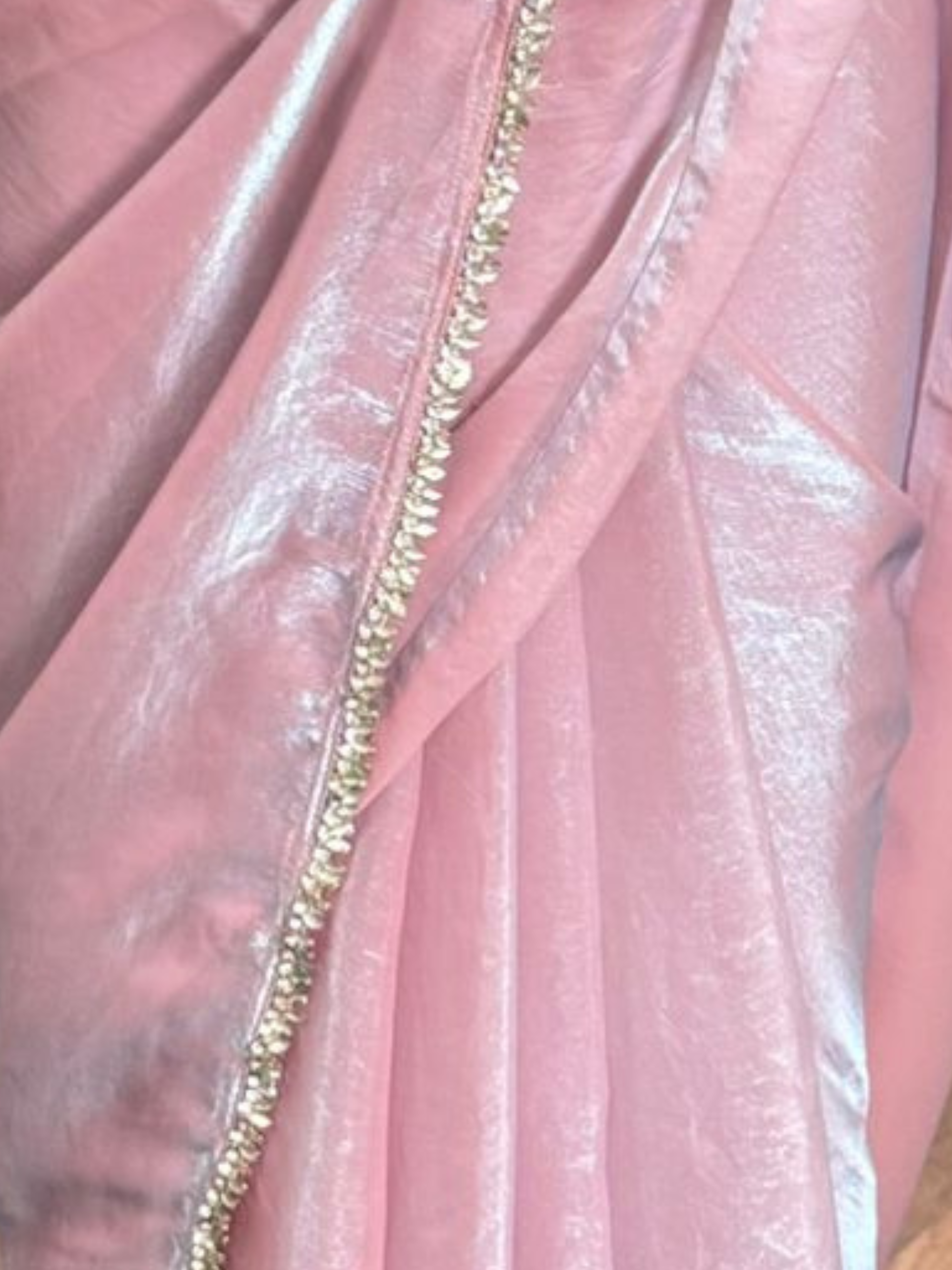 Pink Blue Metallic Satin Saree with Lace and Self Blouse Fabric