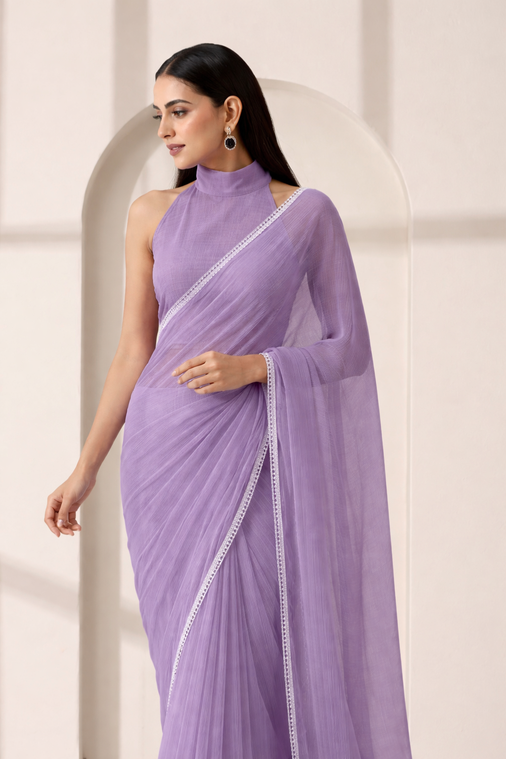 Purple Chiffon Saree with Lace and Self Fabric Blouse