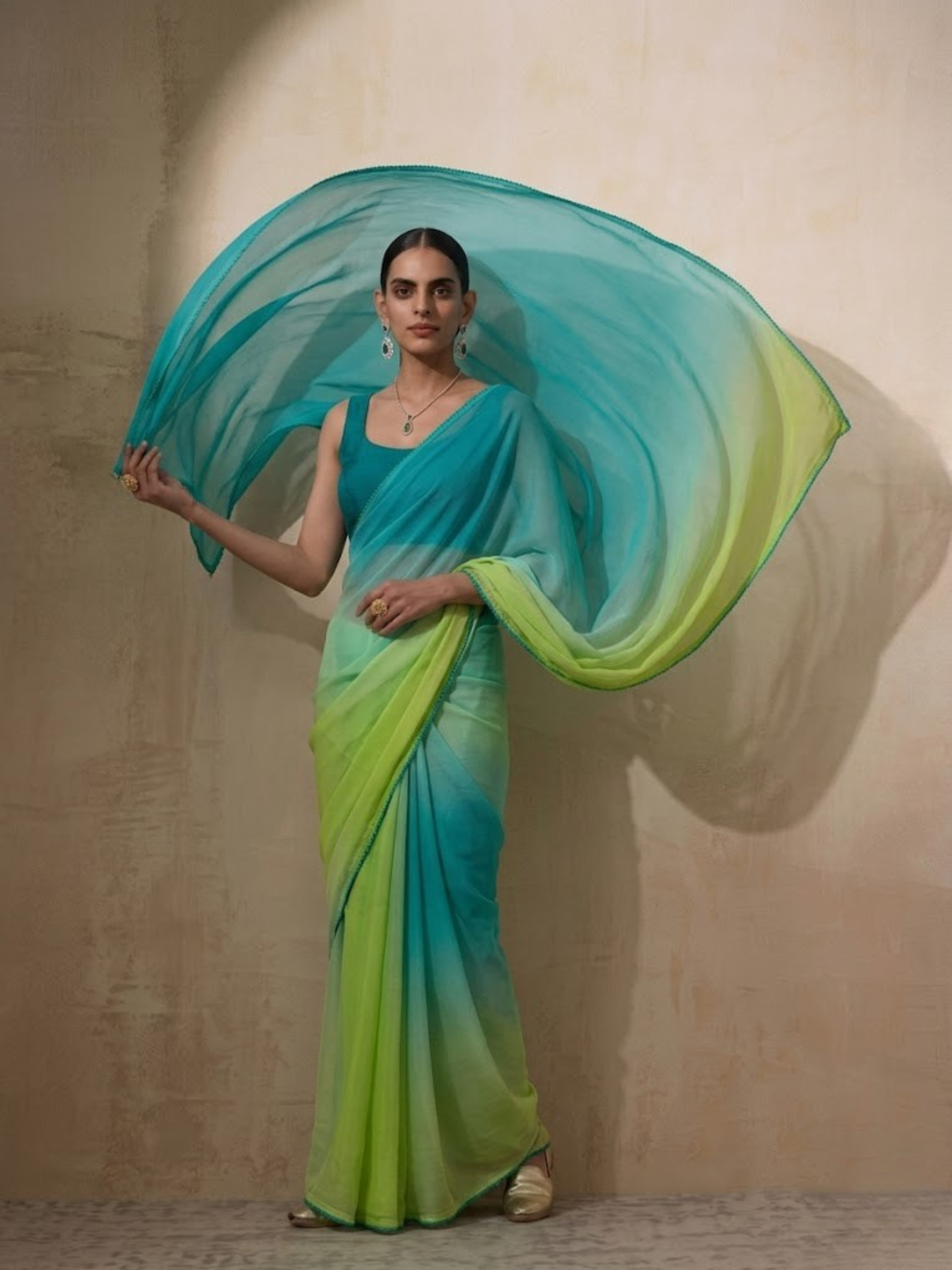 Blue and Green Ombre Chiffon Saree with Self Fabric Blouse