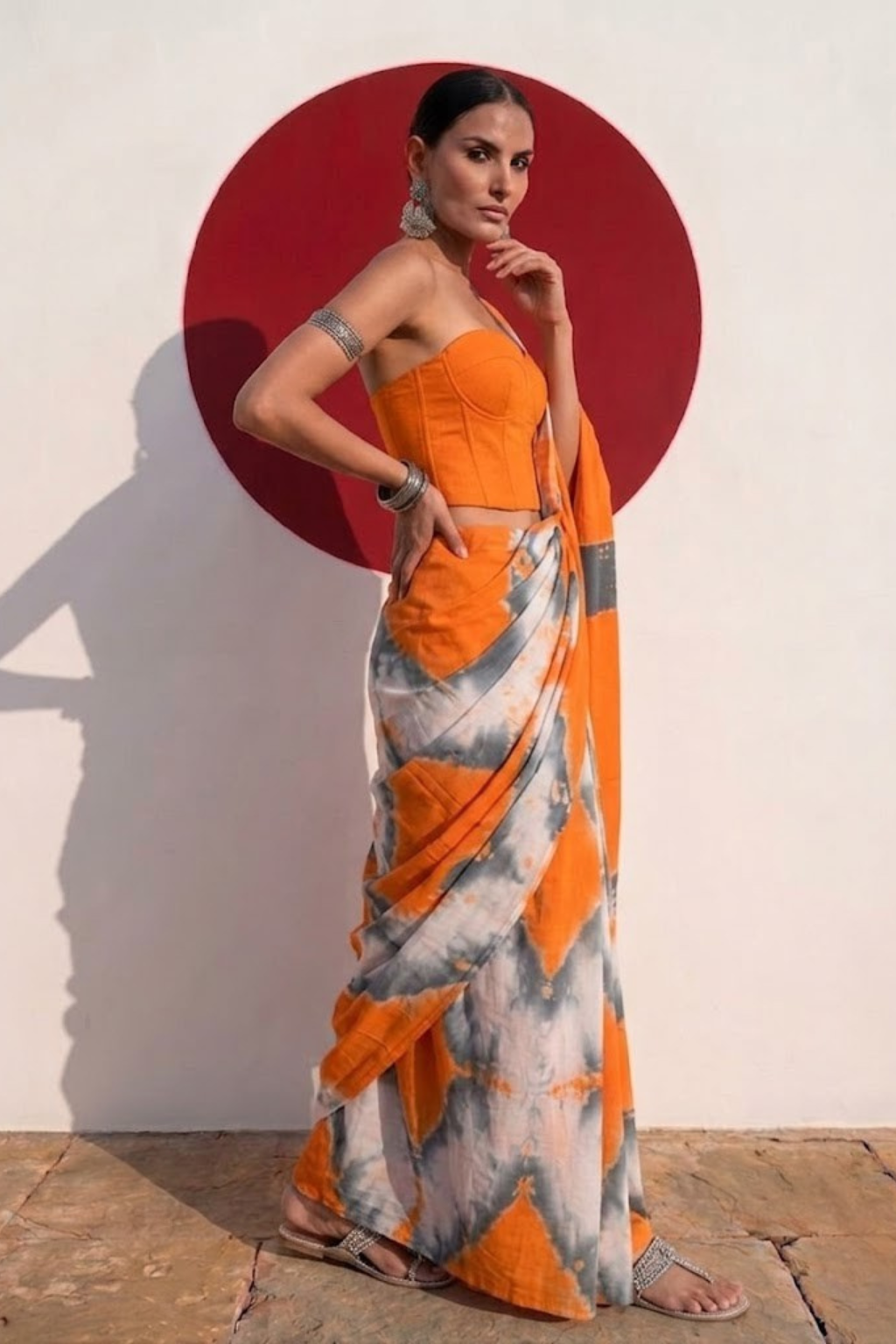 Orange and Grey Tie Dye Cotton Saree with Blouse fabric