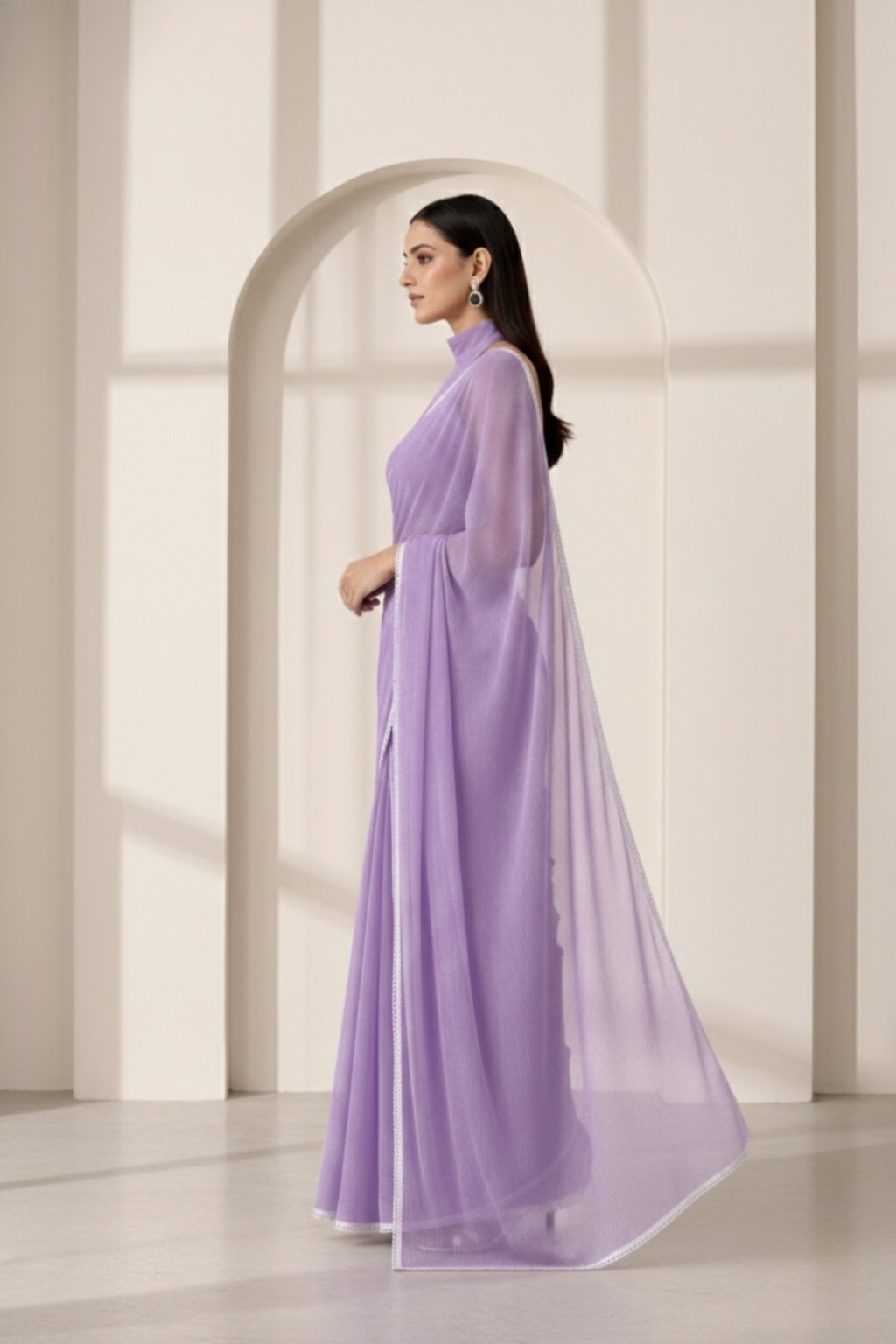 Purple Chiffon Saree with Lace and Self Fabric Blouse