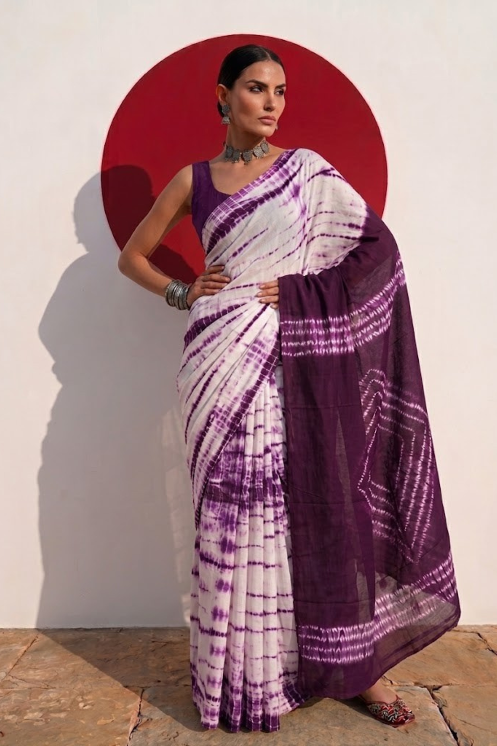 Chocolate and Purple Tie Dye Stripes Cotton Saree with Blouse fabric