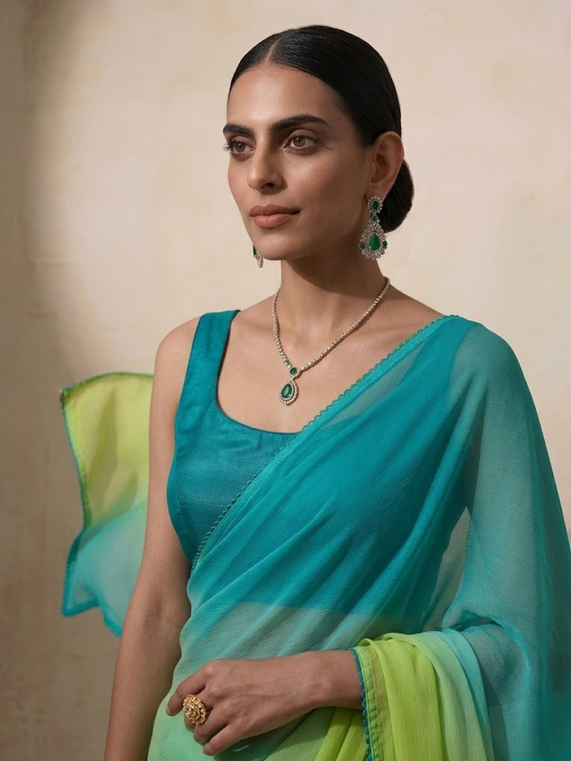 Blue and Green Ombre Chiffon Saree with Self Fabric Blouse