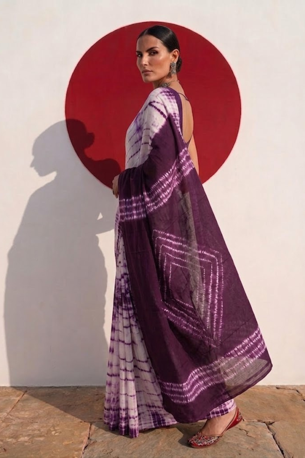 Chocolate and Purple Tie Dye Stripes Cotton Saree with Blouse fabric