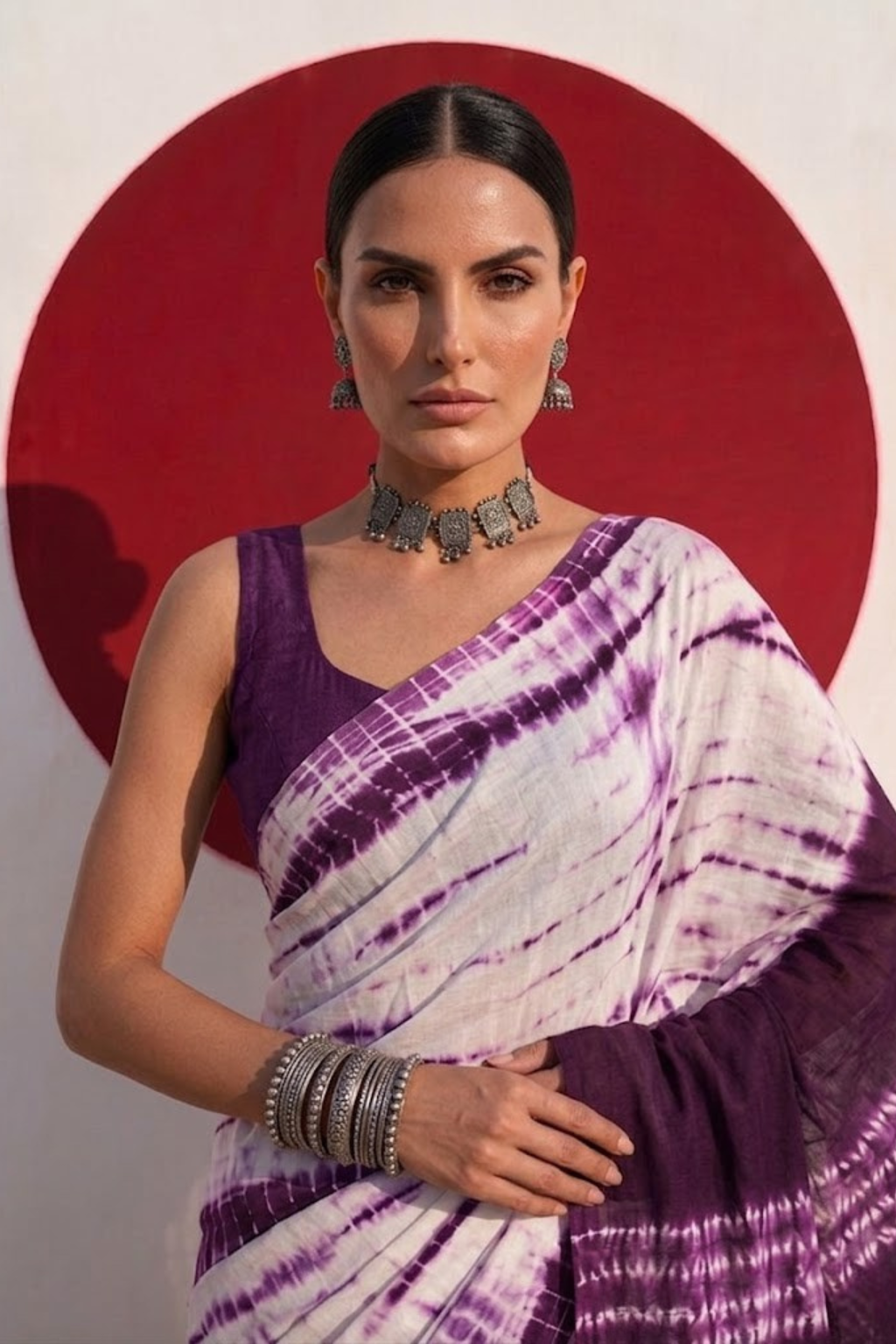 Chocolate and Purple Tie Dye Stripes Cotton Saree with Blouse fabric