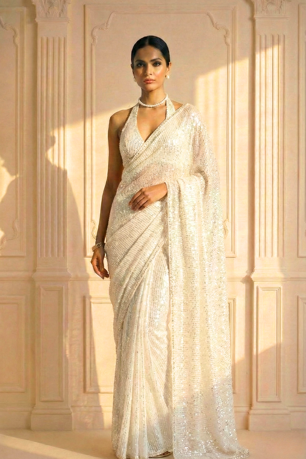 Cloud Dancer Knitted Sequin Saree with Self Blouse Fabric