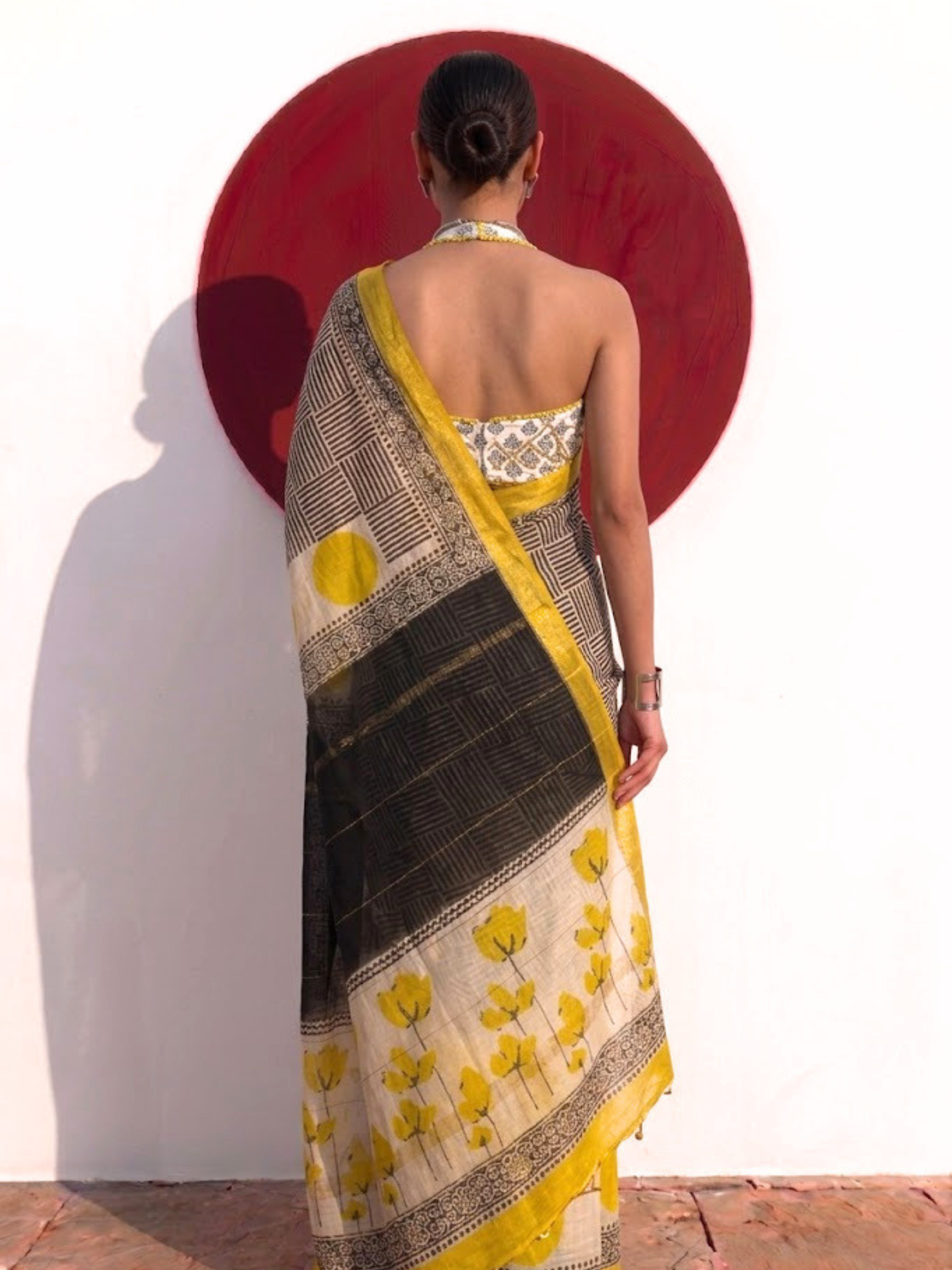 Maheshwari Silk Hand Block Black Yellow Printed Saree with Blouse Fabric