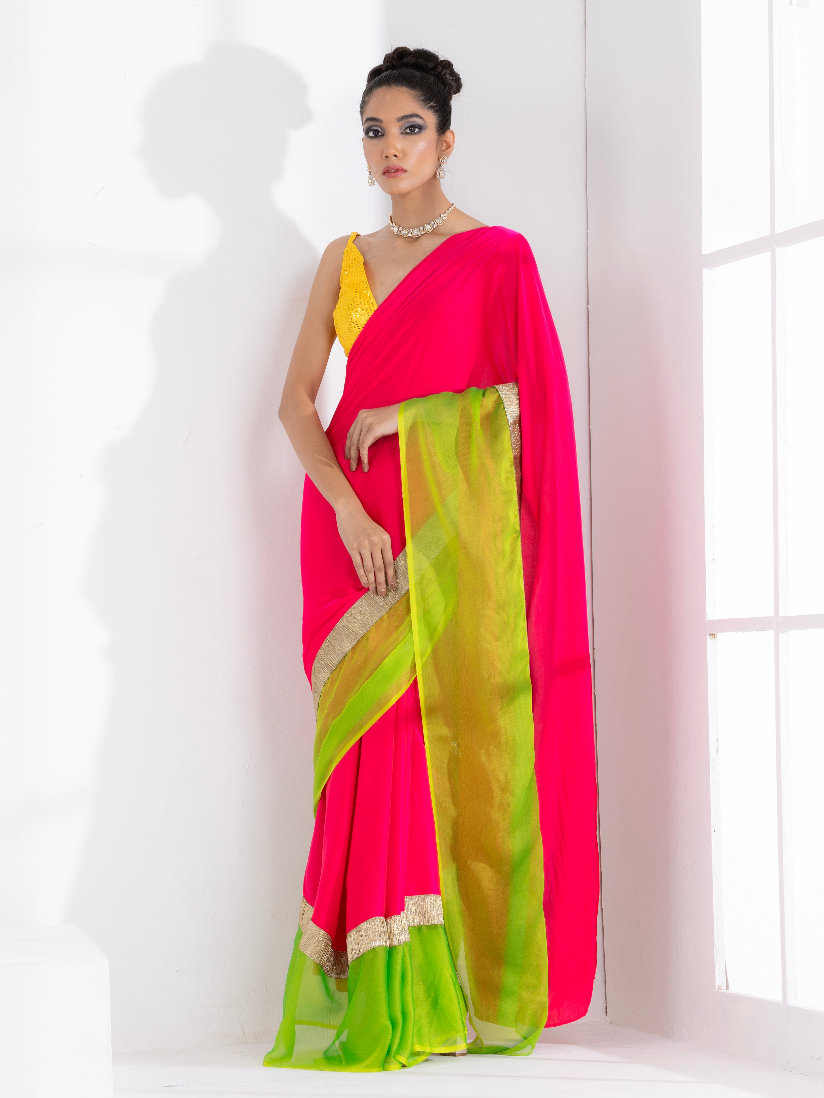 Fuchsia satin saree with lime green chiffon border with lace and yellow sequin blouse fabric — view 2