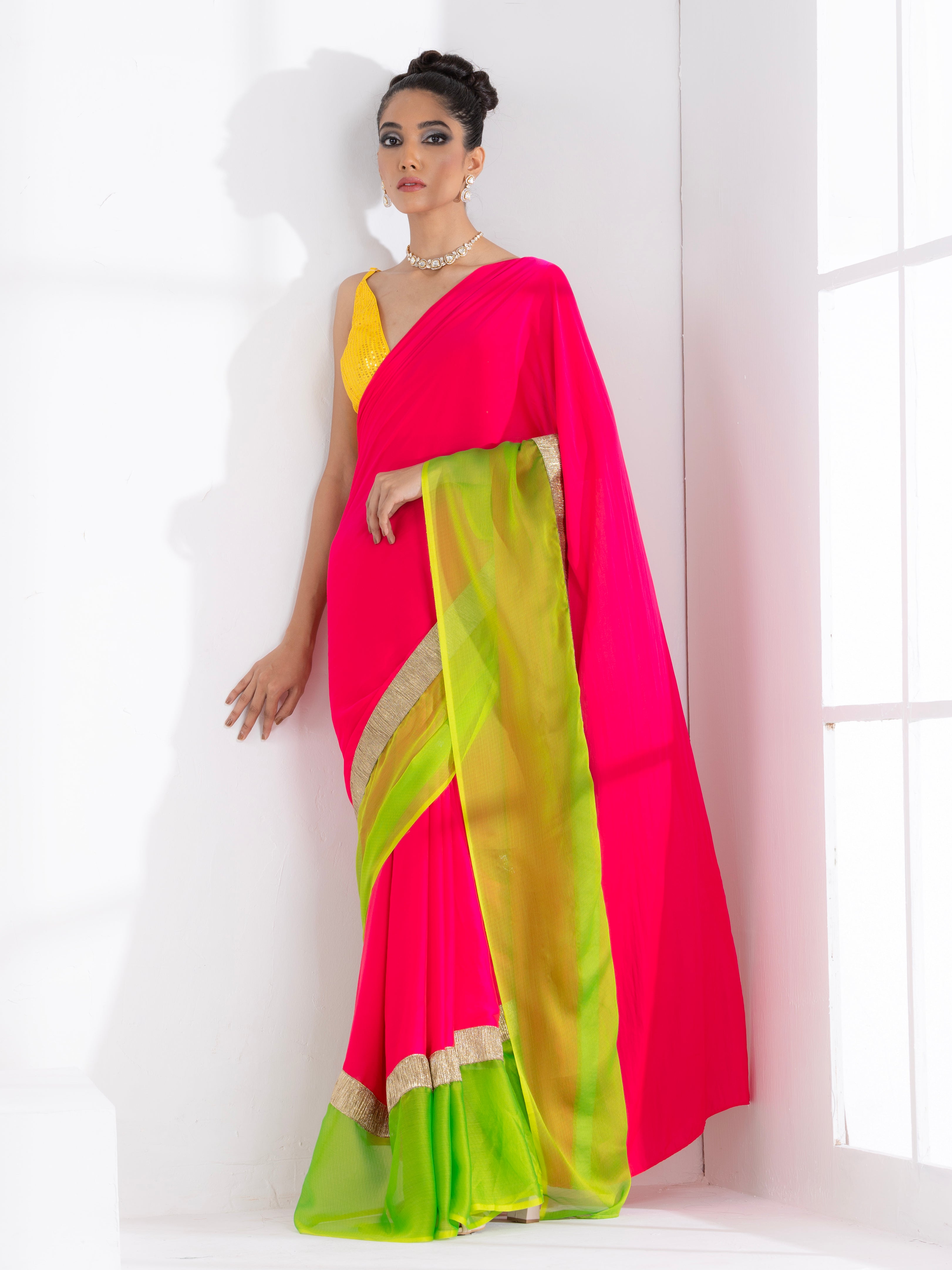 Fuchsia satin saree with lime green chiffon border with lace and yellow sequin blouse fabric — view 6