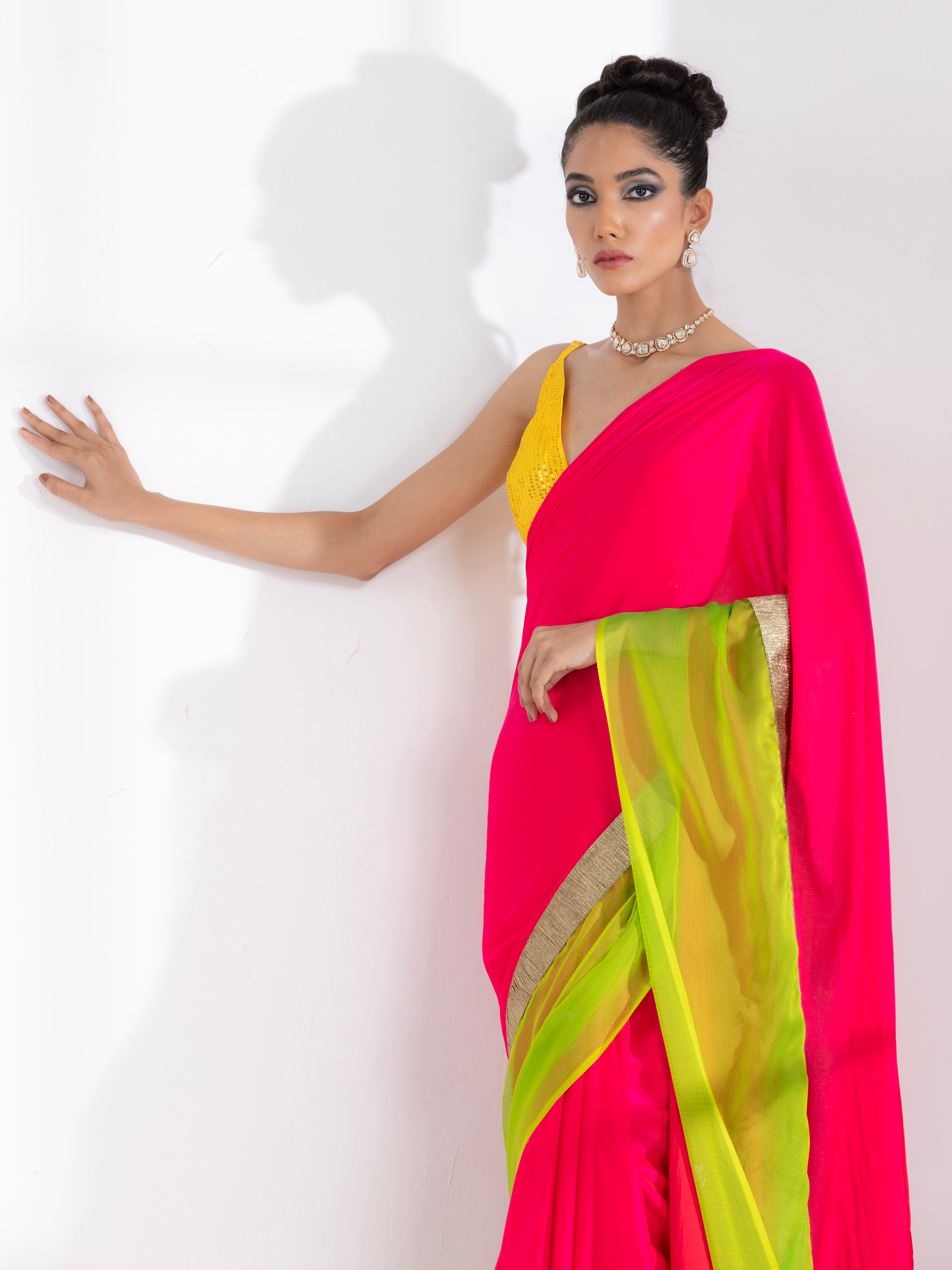 Fuchsia satin saree with lime green chiffon border with lace and yellow sequin blouse fabric — view 7