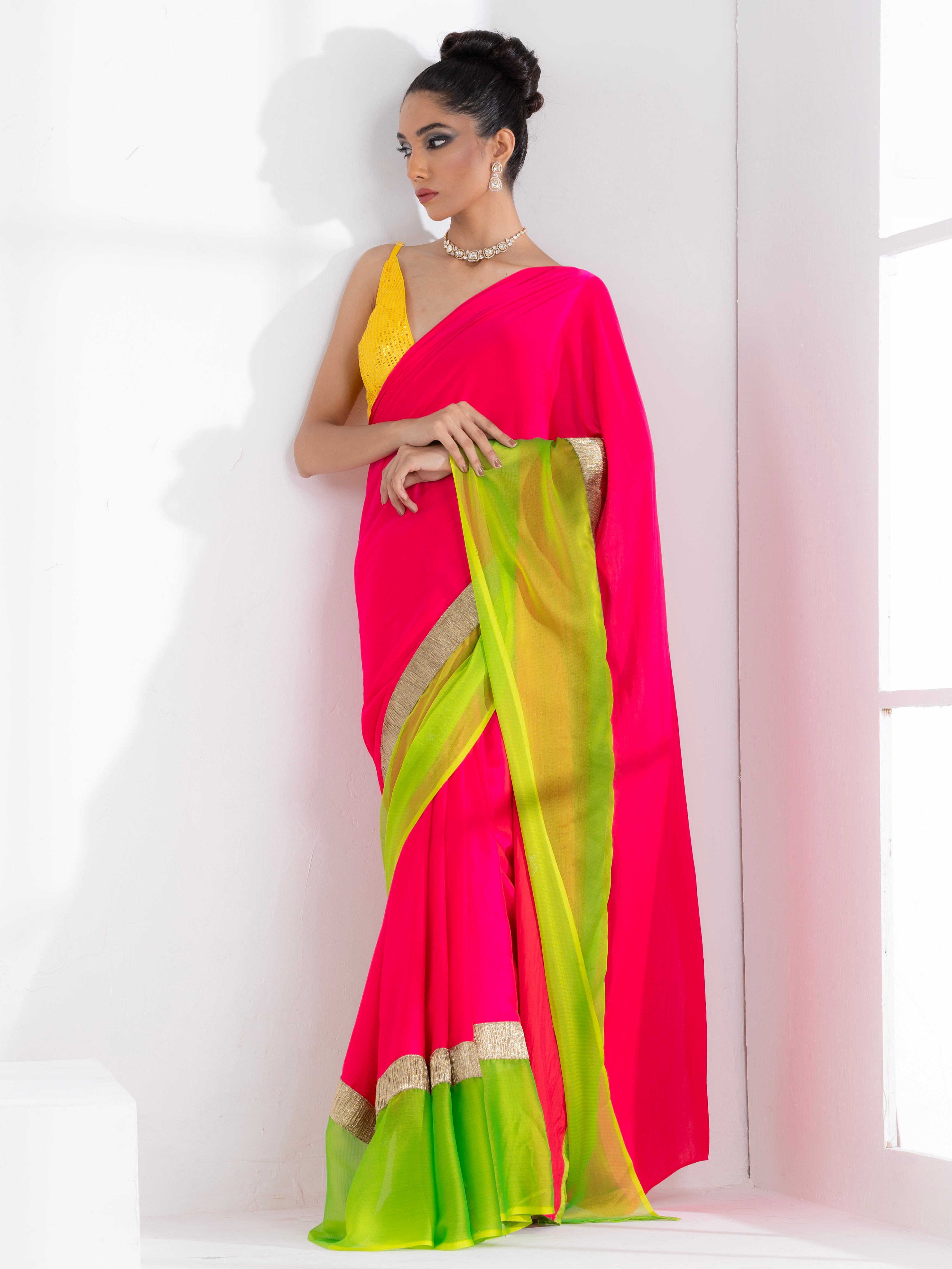 Fuchsia satin saree with lime green chiffon border with lace and yellow sequin blouse fabric — view 8