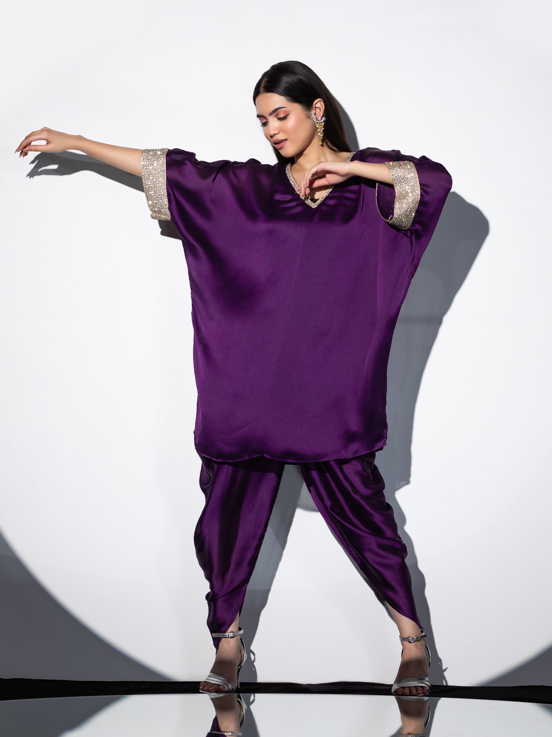 Women's Amethyst Purple Diamond Studded Top Set with Dhoti Pants 2 Piece Set | Straight Fit, V Neck, 3/4 Sleeves, Dhoti Pants, Partywear, (Satin)