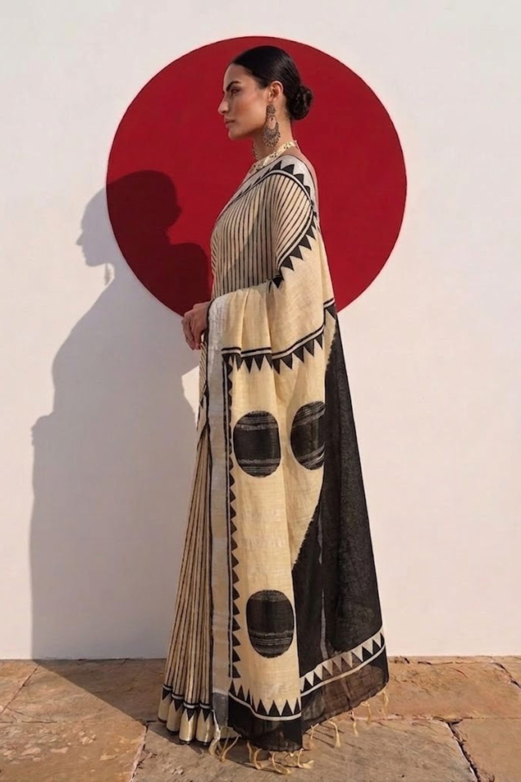 Cream and Black Stripe Hand Block Printed Cotton Saree with Blouse Fabric