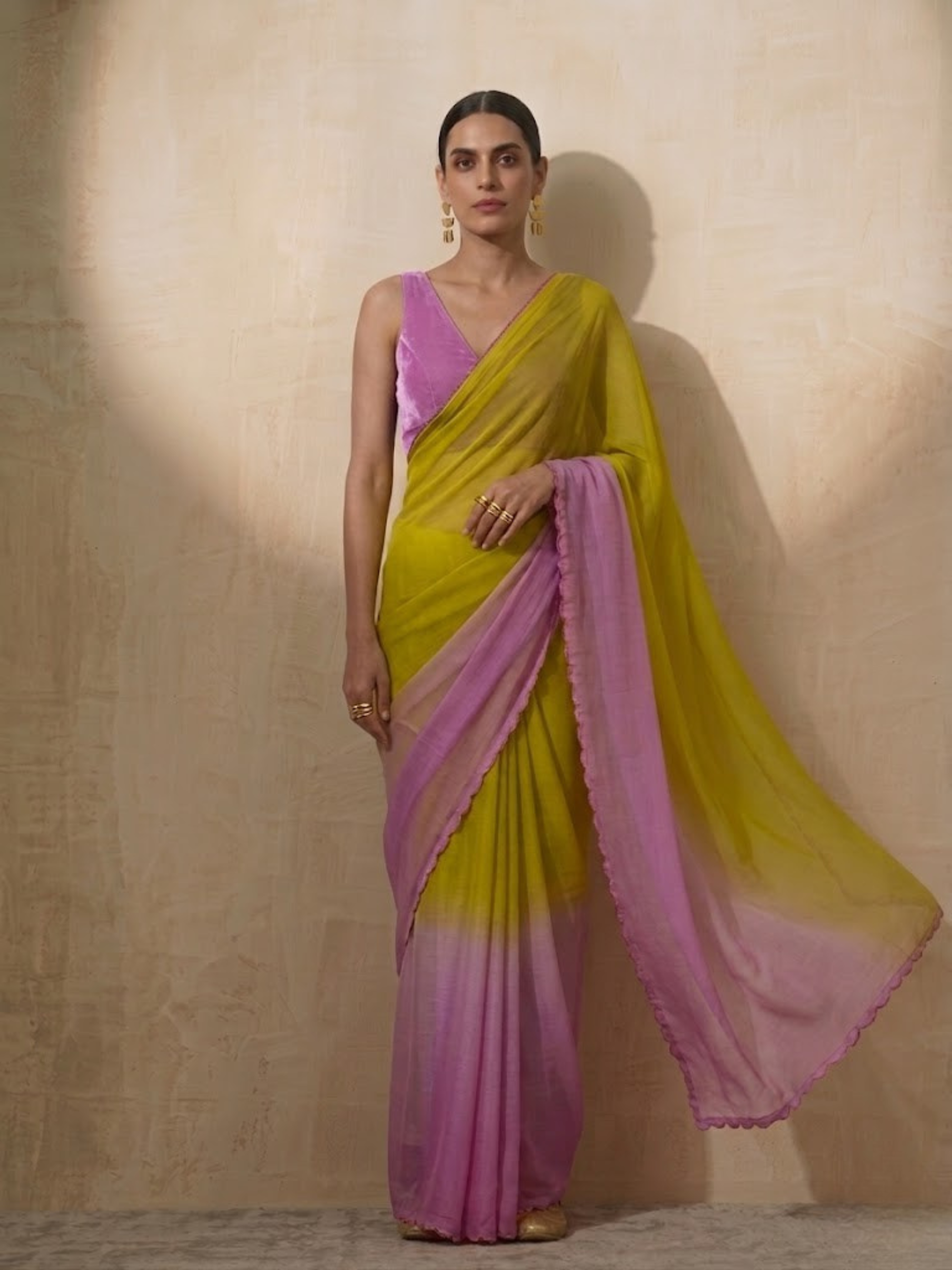 Lilac and Green Ombre Chiffon Saree with Self Fabric Blouse