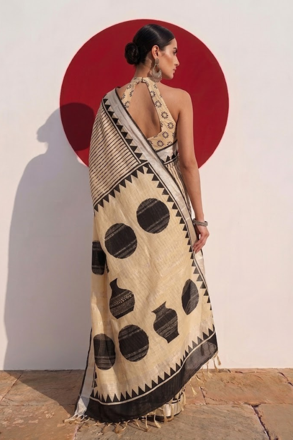 Cream and Black Stripe Hand Block Printed Cotton Saree with Blouse Fabric