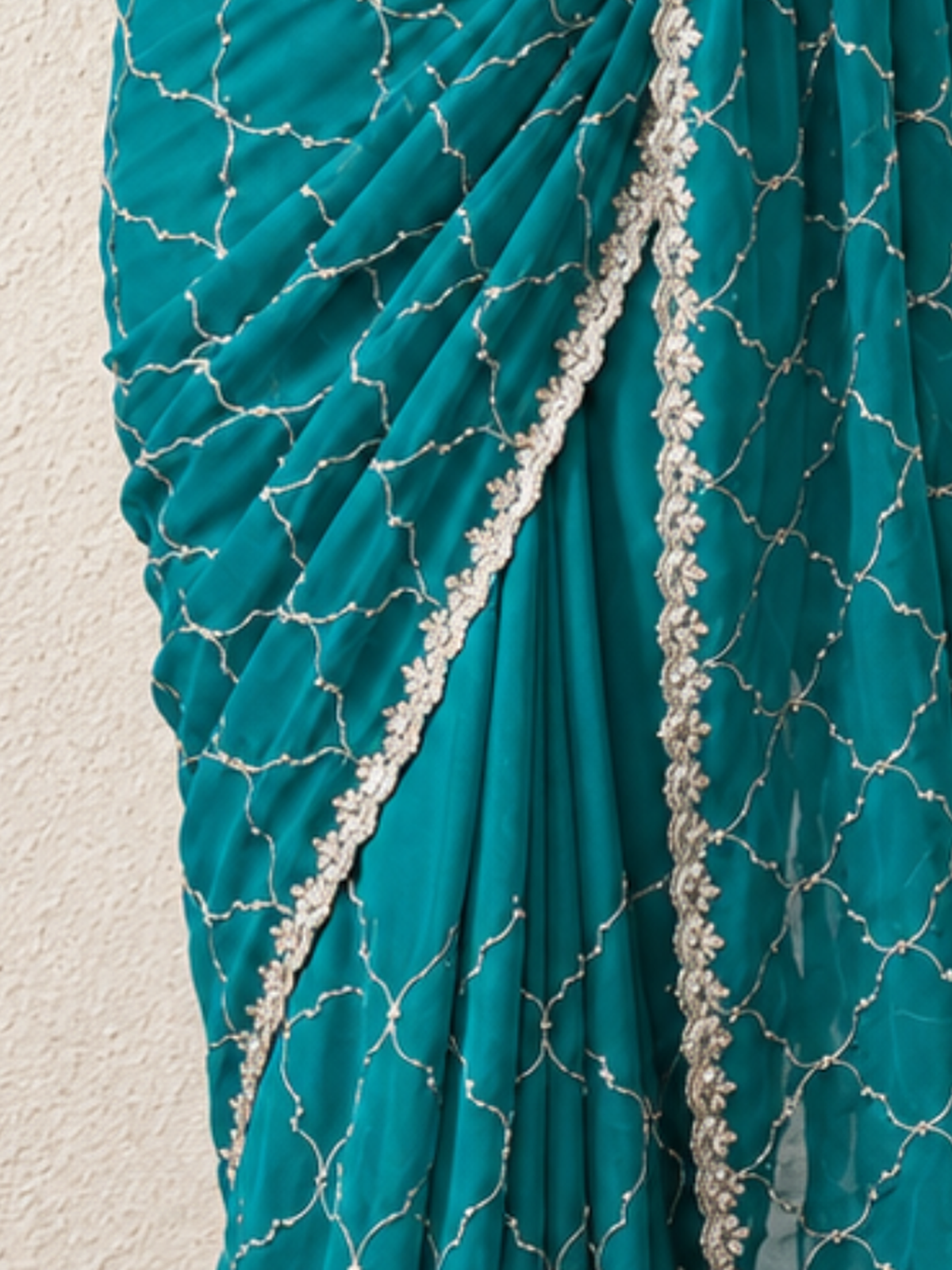 Blue and Green Metallic Satin Hand Beaded Cut Dana Jaal Saree with Matching Beaded Blouse Fabric