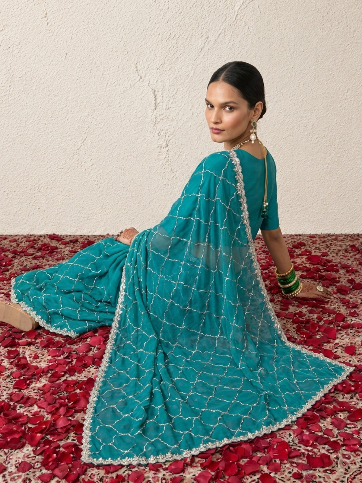 Blue and Green Metallic Satin Hand Beaded Cut Dana Jaal Saree with Matching Beaded Blouse Fabric