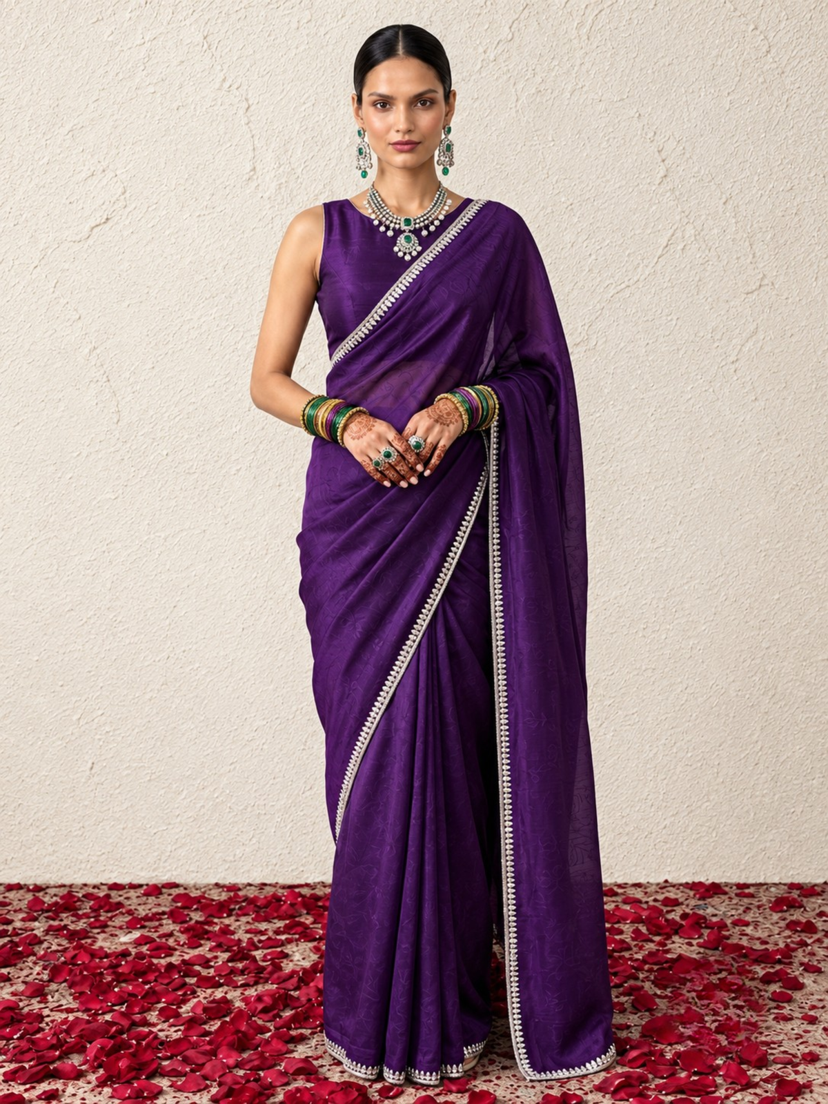 Purple Amethyst Metallic Satin Mirror Hand Beaded Saree with Border and Matching Blouse Fabric