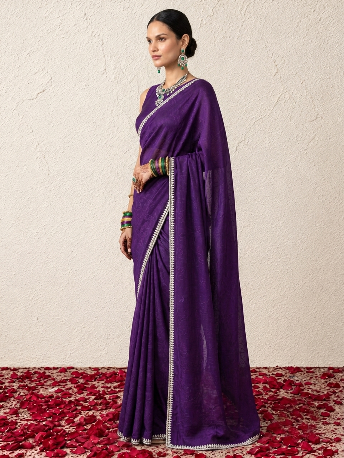 Purple Amethyst Metallic Satin Mirror Hand Beaded Saree with Border and Matching Blouse Fabric