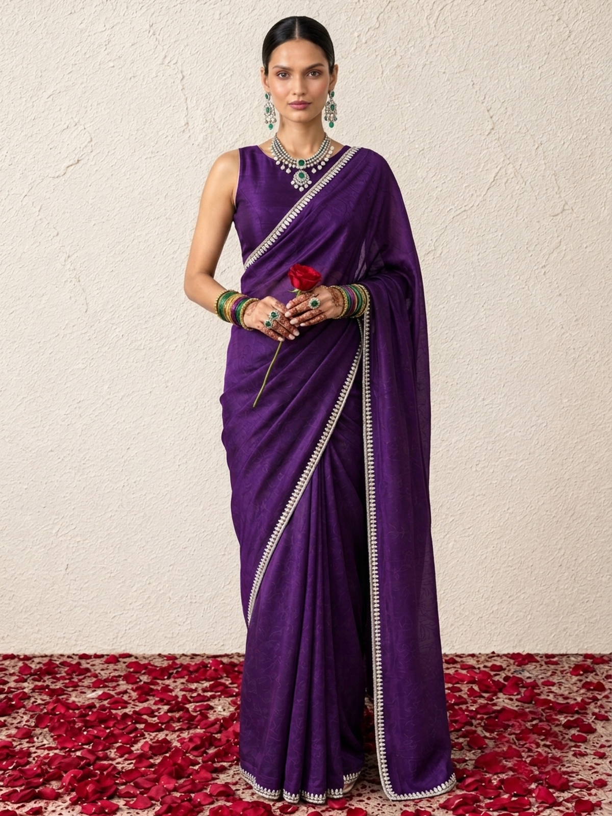 Purple Amethyst Metallic Satin Mirror Hand Beaded Saree with Border and Matching Blouse Fabric