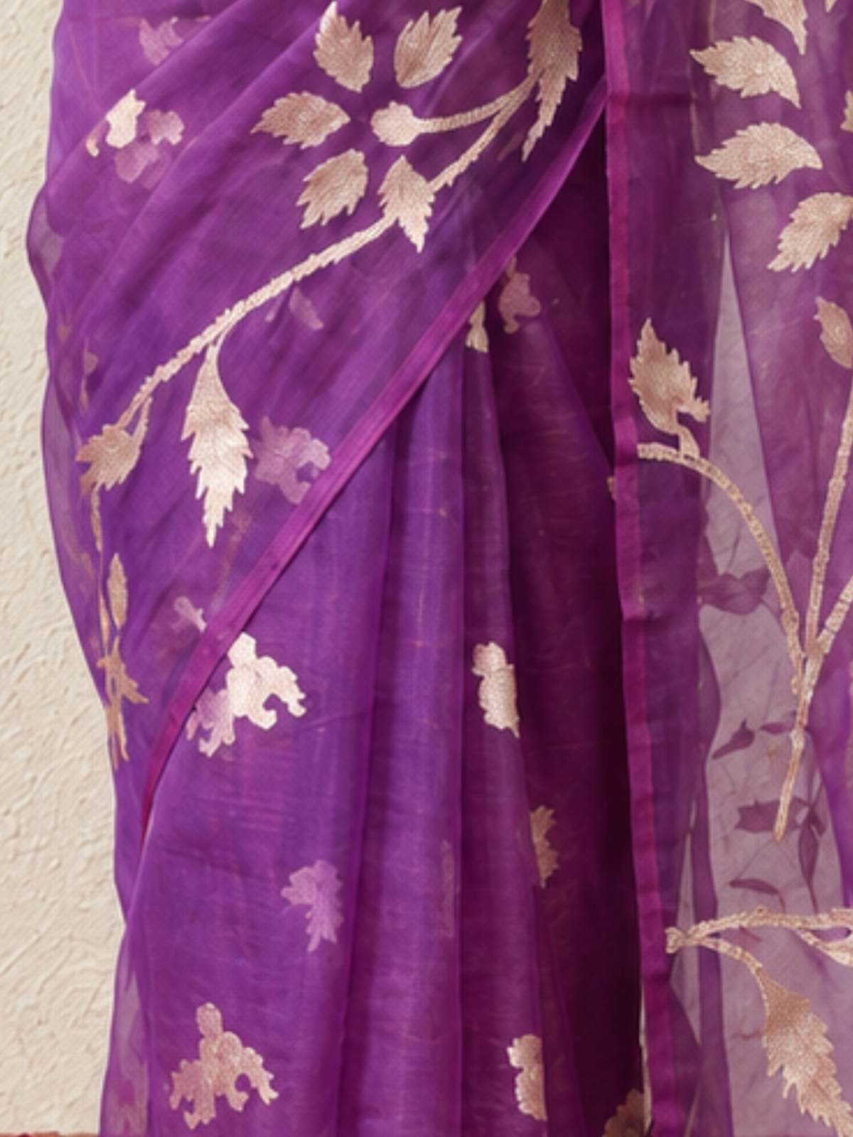 Purple Organza Saree with Zari Buti and Matching Stripe Blouse Fabric
