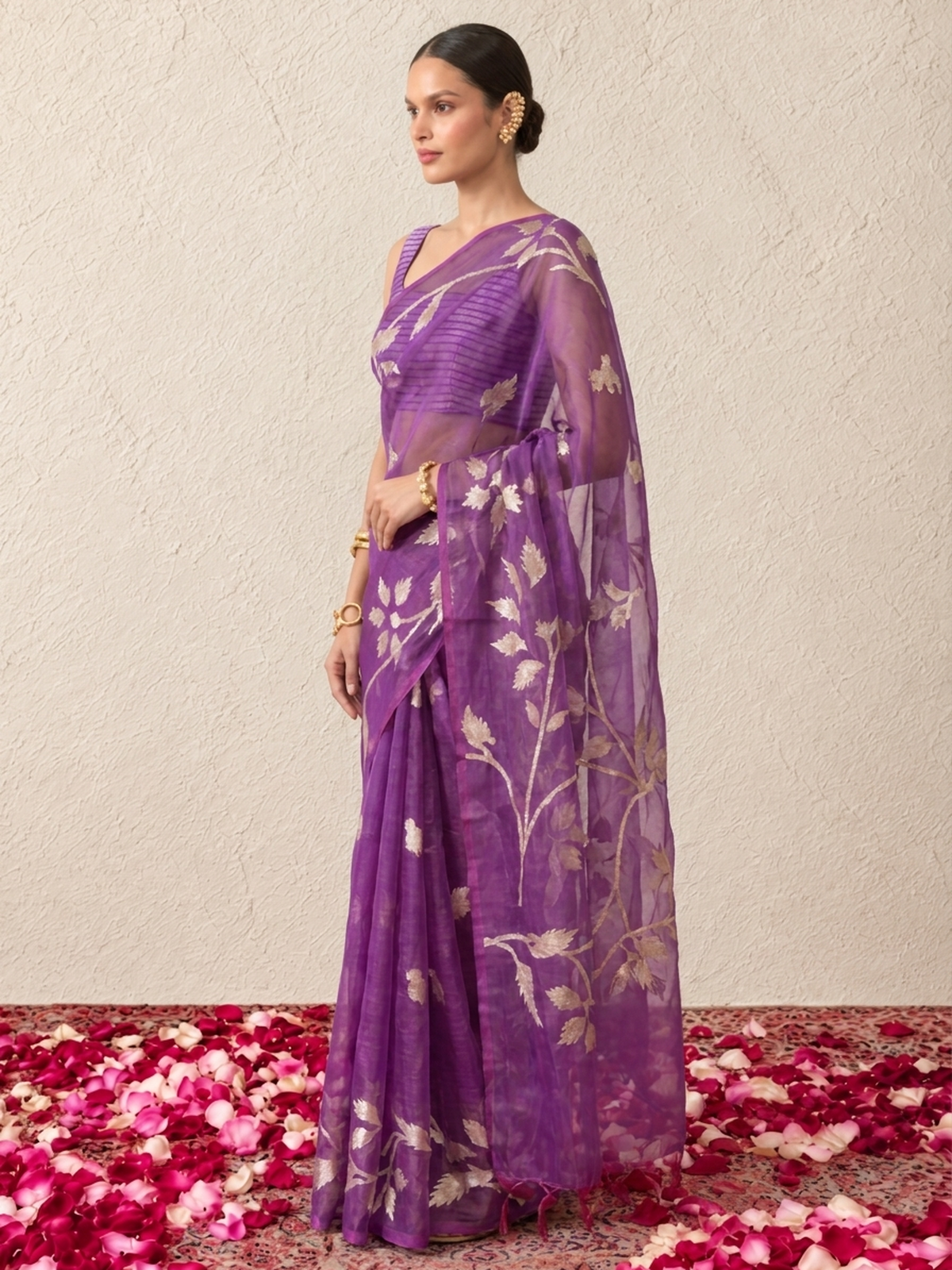 Purple Organza Saree with Zari Buti and Matching Stripe Blouse Fabric