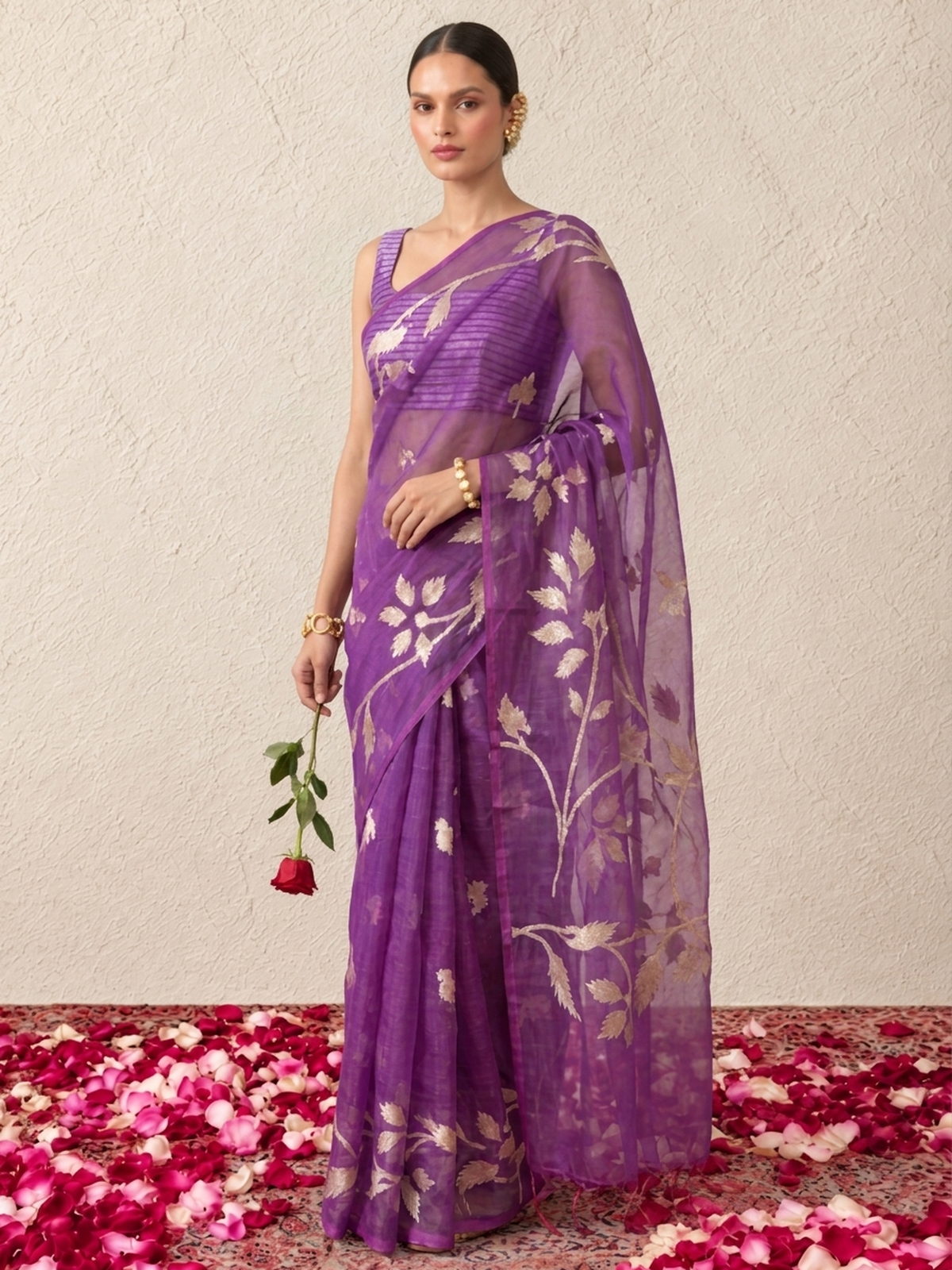 Purple Organza Saree with Zari Buti and Matching Stripe Blouse Fabric