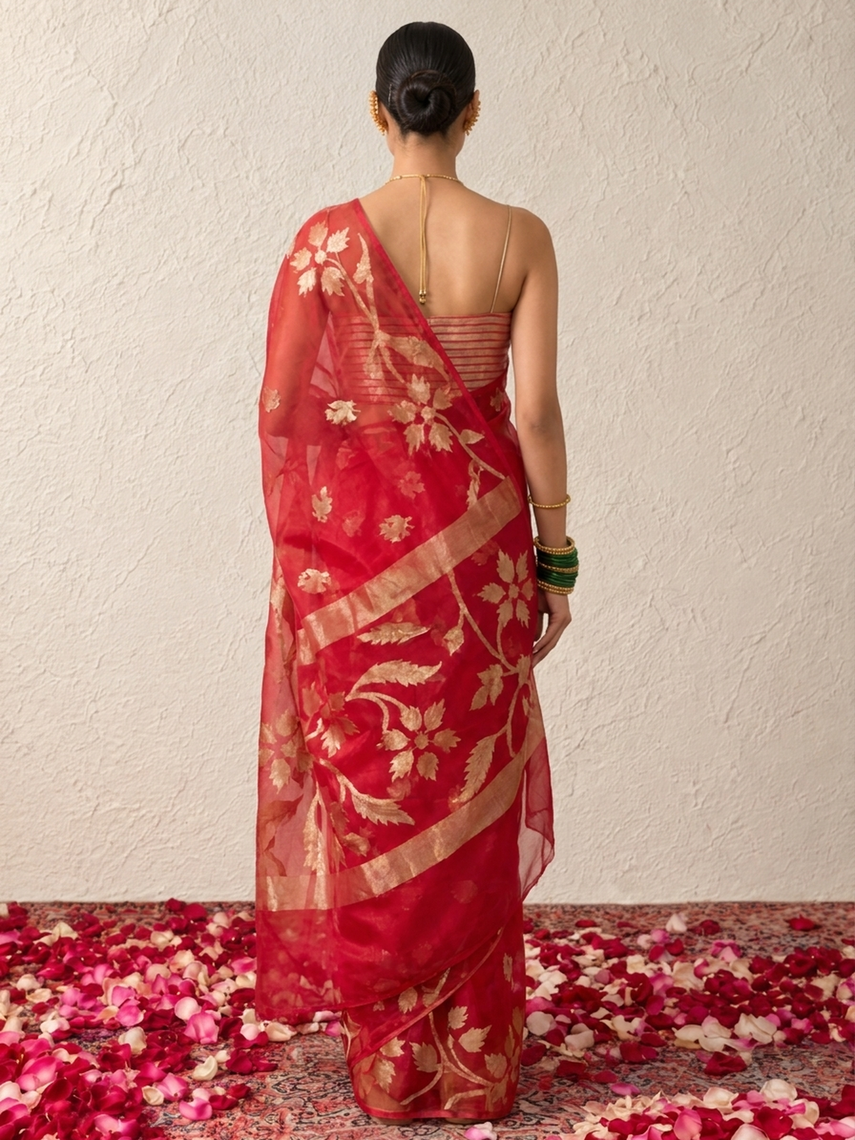 Red Organza Saree with Zari Buti and Matching Stripe Blouse Fabric