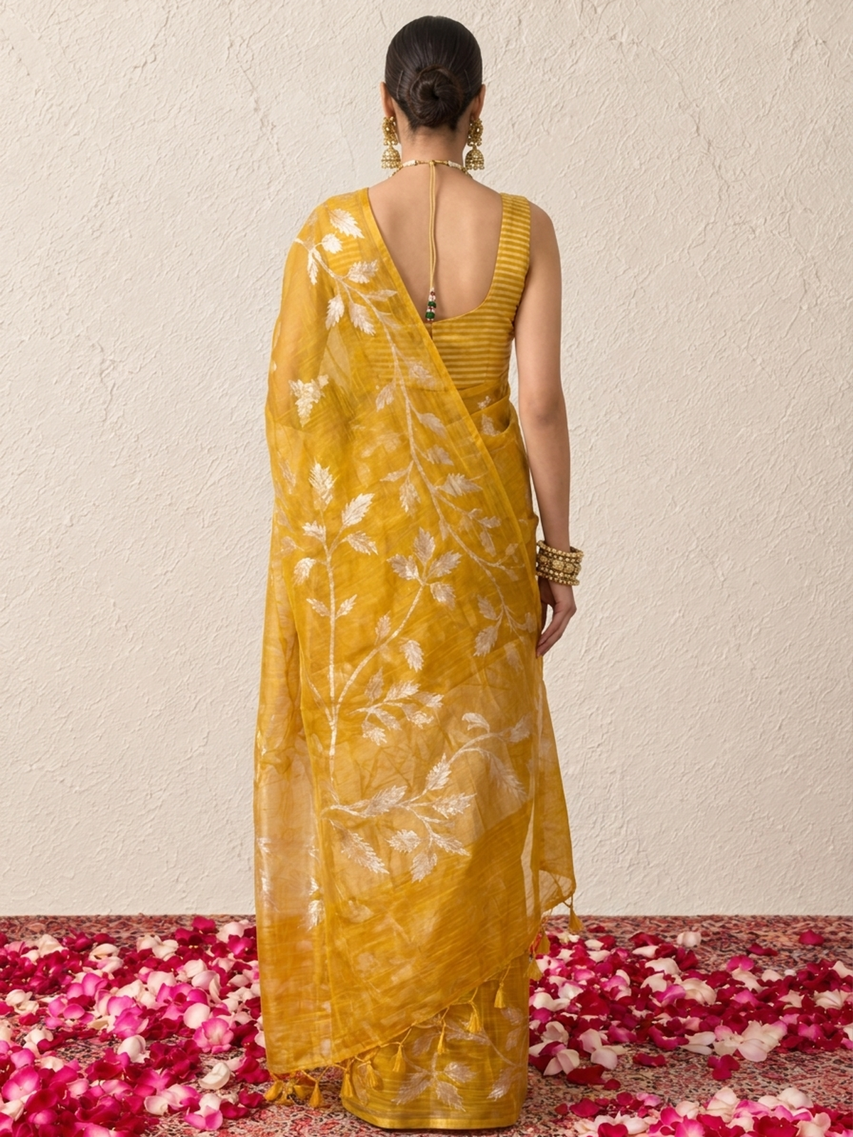 Yellow Organza Saree with Zari Buti and Matching Stripe Blouse Fabric
