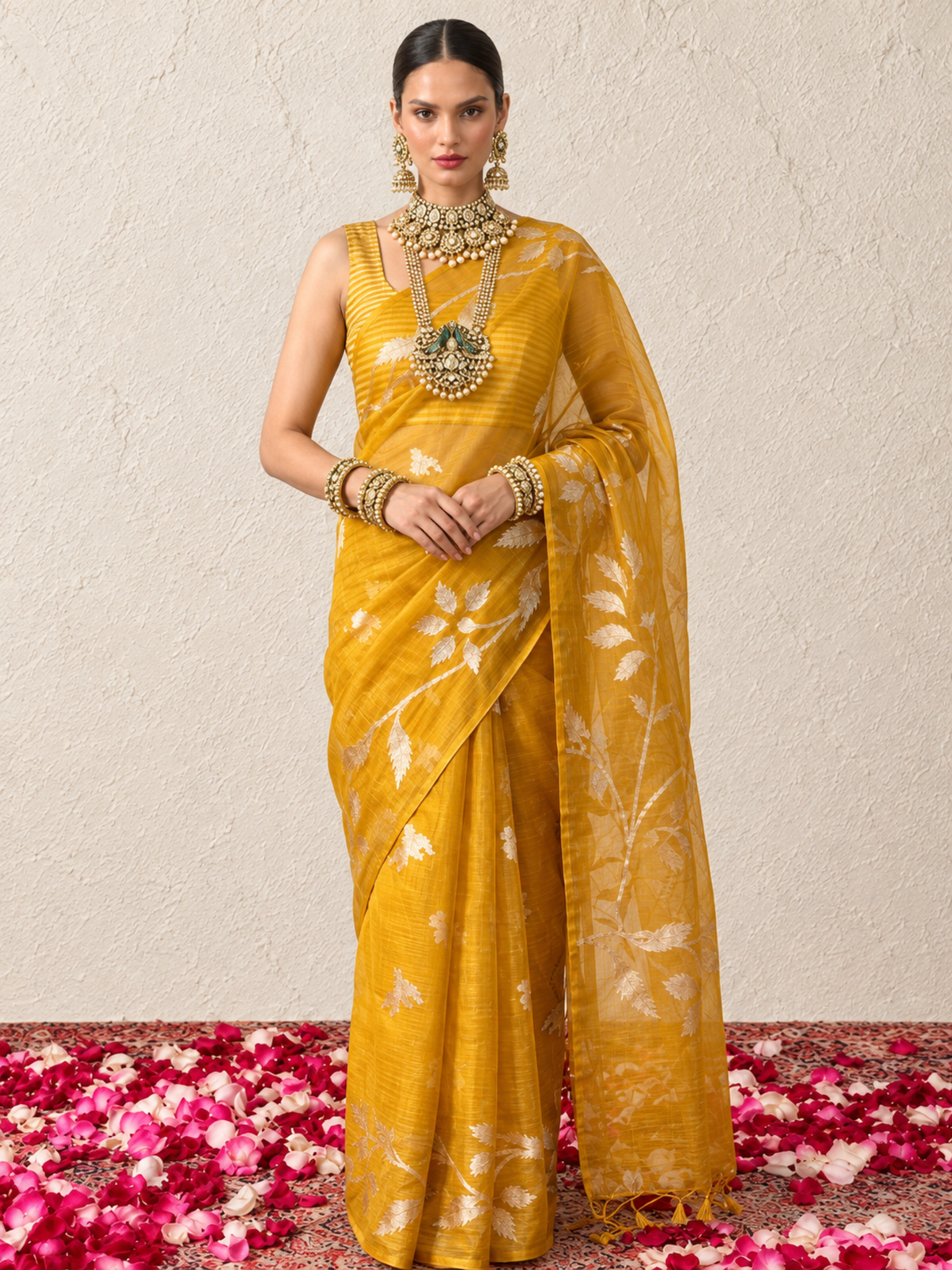 Yellow Organza Saree with Zari Buti and Matching Stripe Blouse Fabric