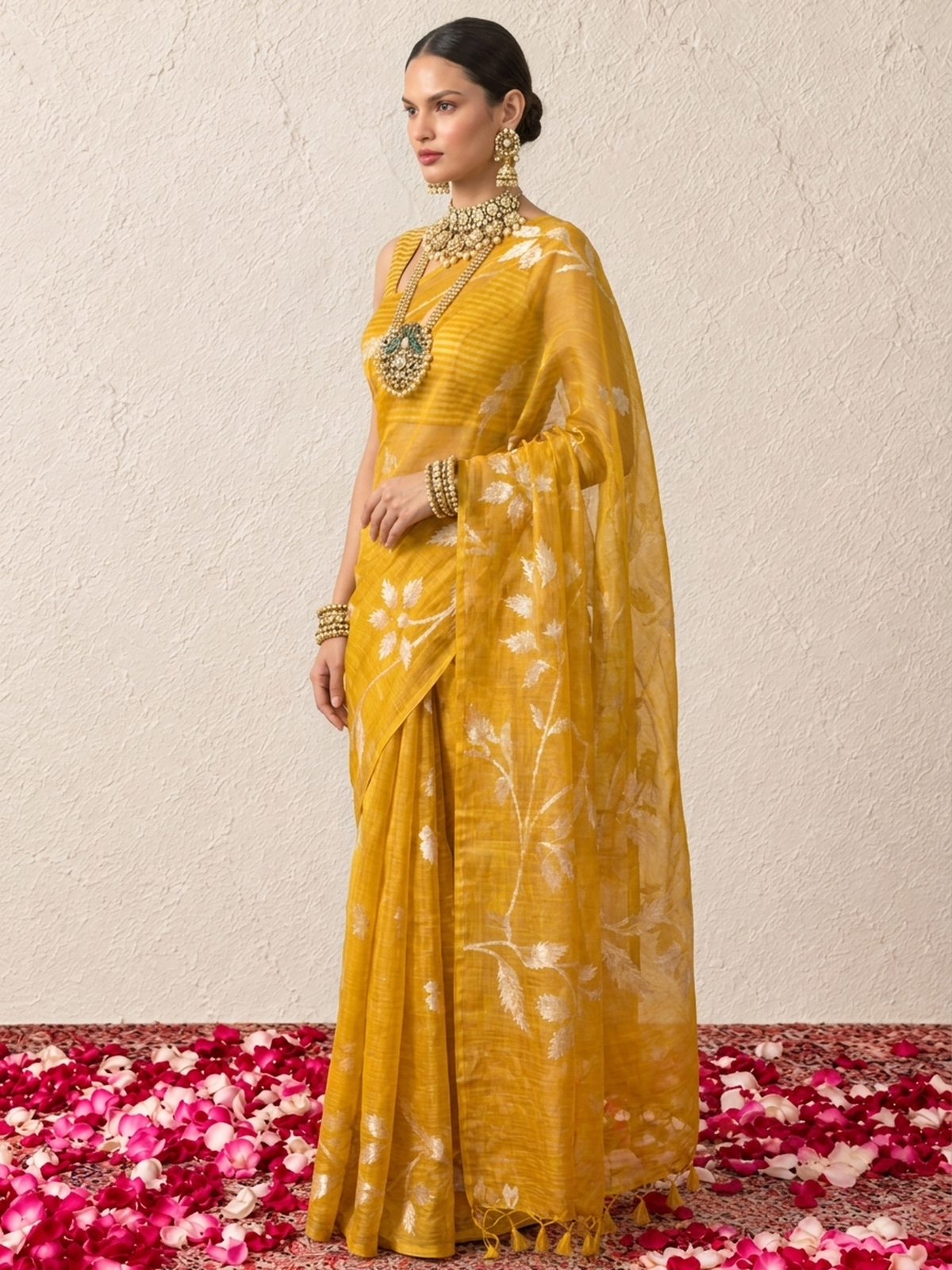 Yellow Organza Saree with Zari Buti and Matching Stripe Blouse Fabric