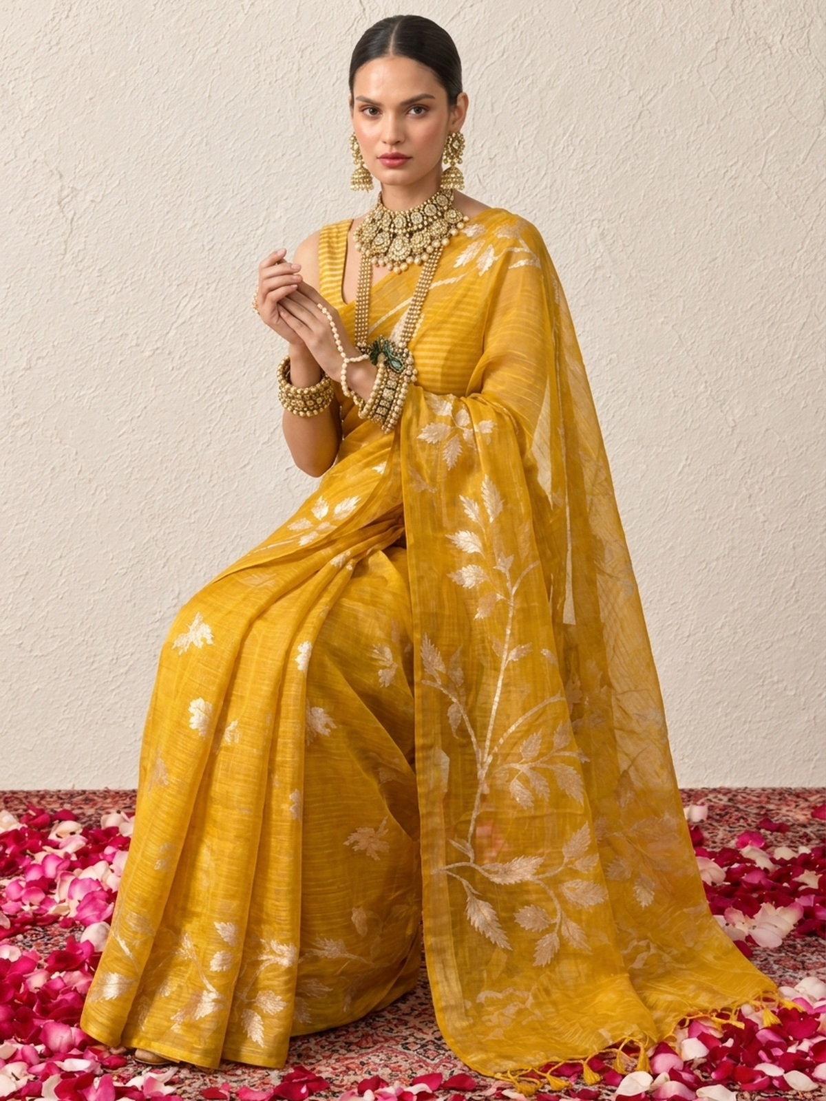 Yellow Organza Saree with Zari Buti and Matching Stripe Blouse Fabric