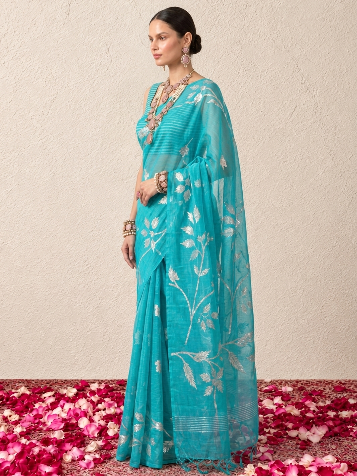 Turquoise Organza Saree with Zari Buti and Matching Stripe Blouse Fabric