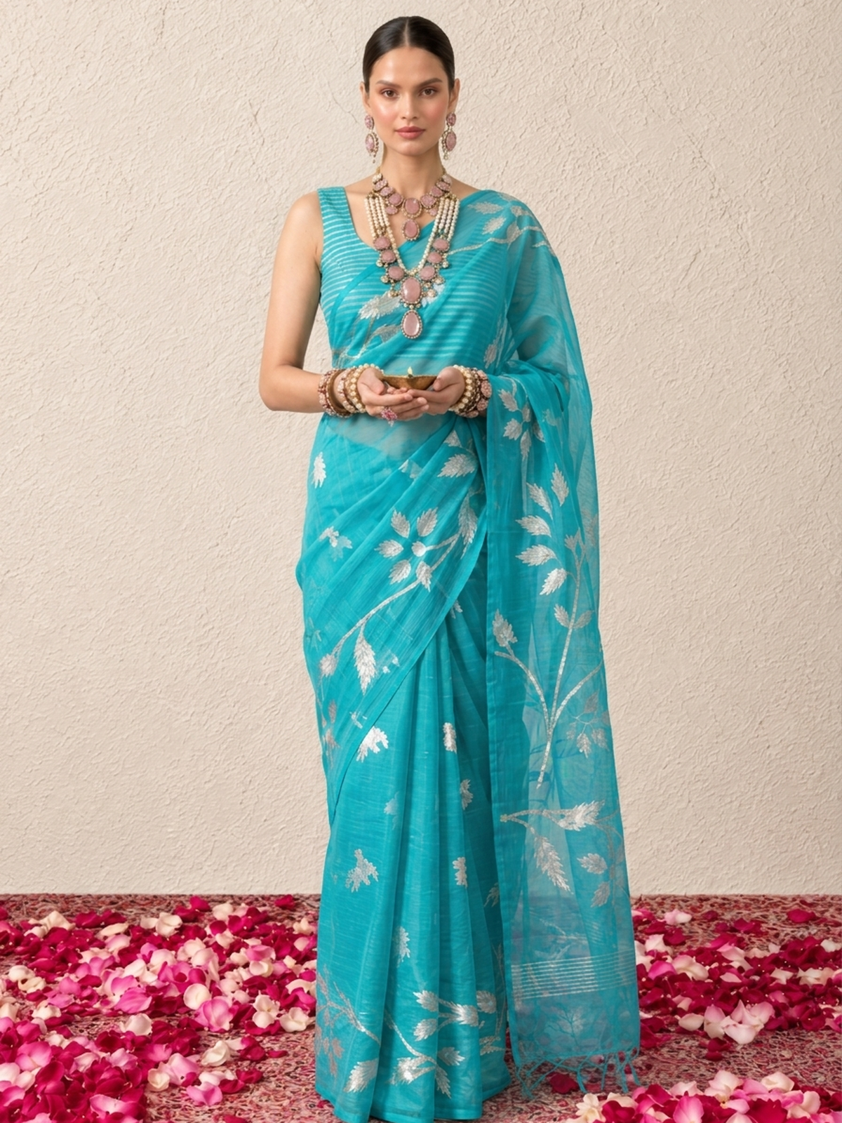 Turquoise Organza Saree with Zari Buti and Matching Stripe Blouse Fabric