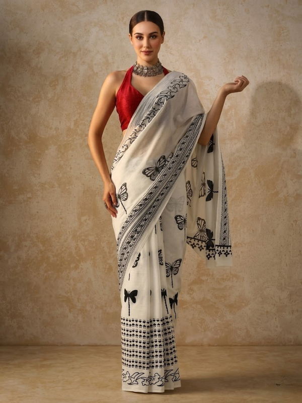 Butterfly White and Black Hand Block Cotton Saree with Red Printed Blouse