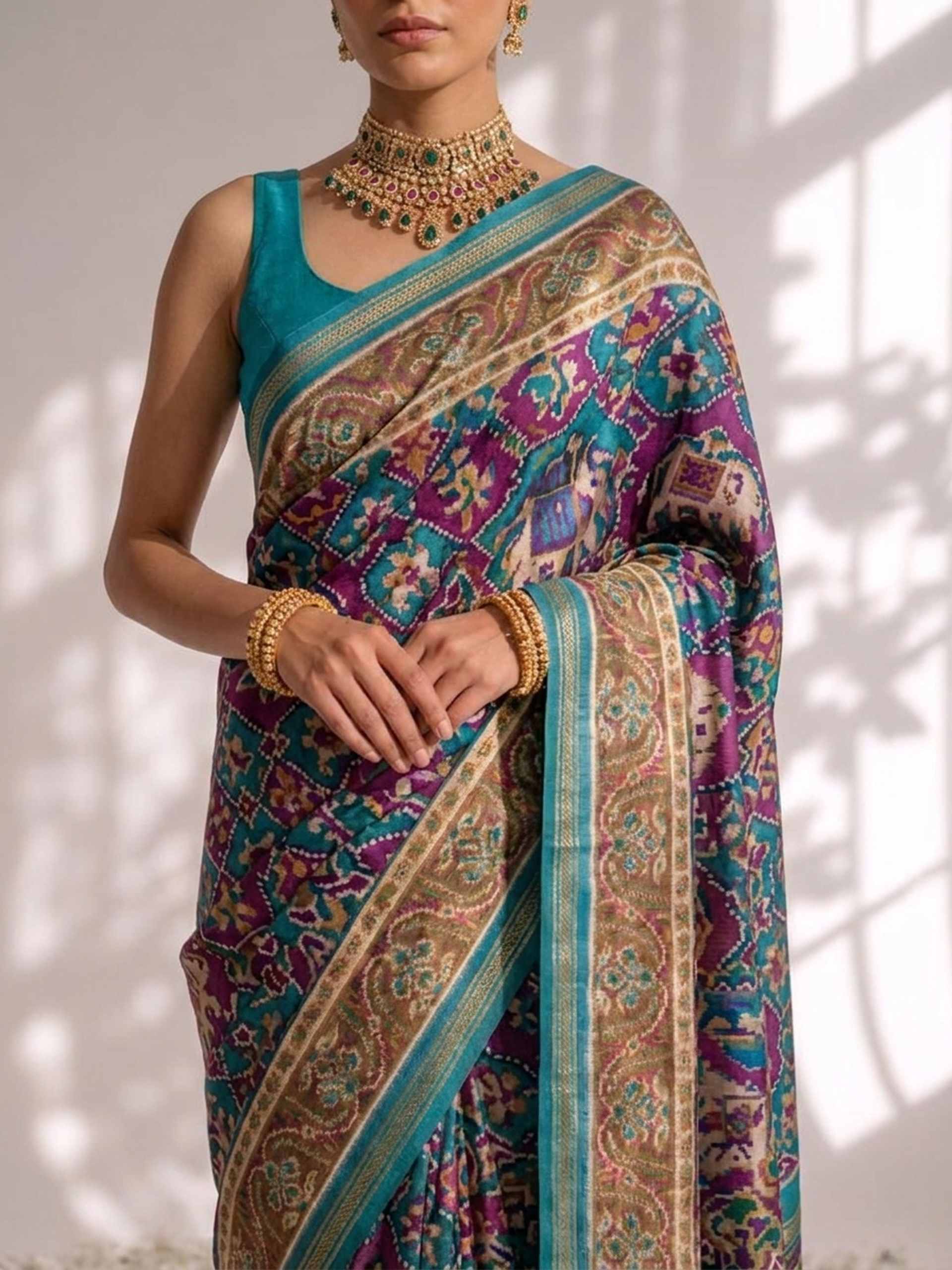 Blue Silk Patola Saree with Self Blouse Fabric