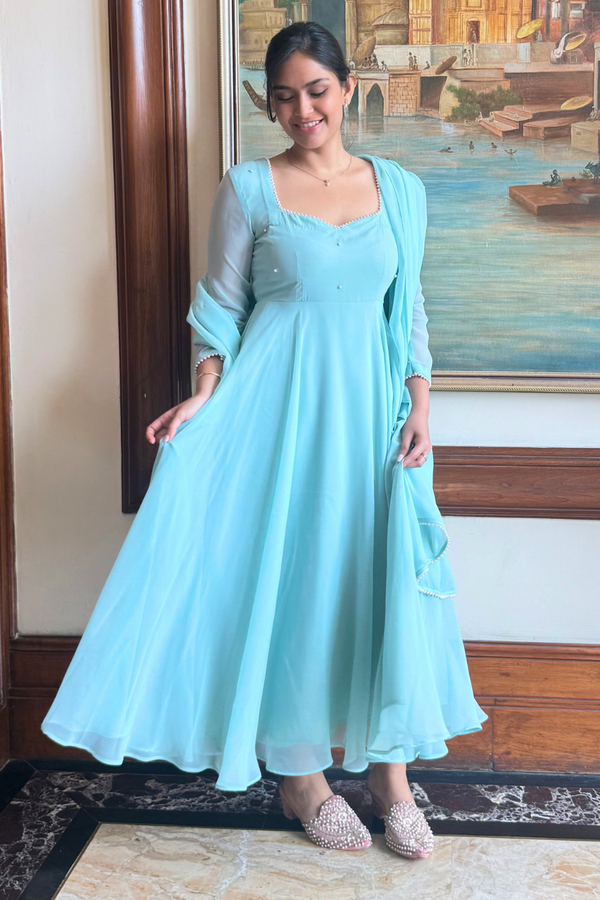 3 pc Suit Set -Light Blue Georgette 3/4th Sleeve Anarkali with Pearls with Dupatta and Pants