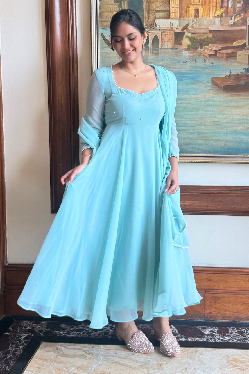 3 pc Suit Set -Light Blue Georgette 3/4th Sleeve Anarkali with Pearls with Dupatta and Pants