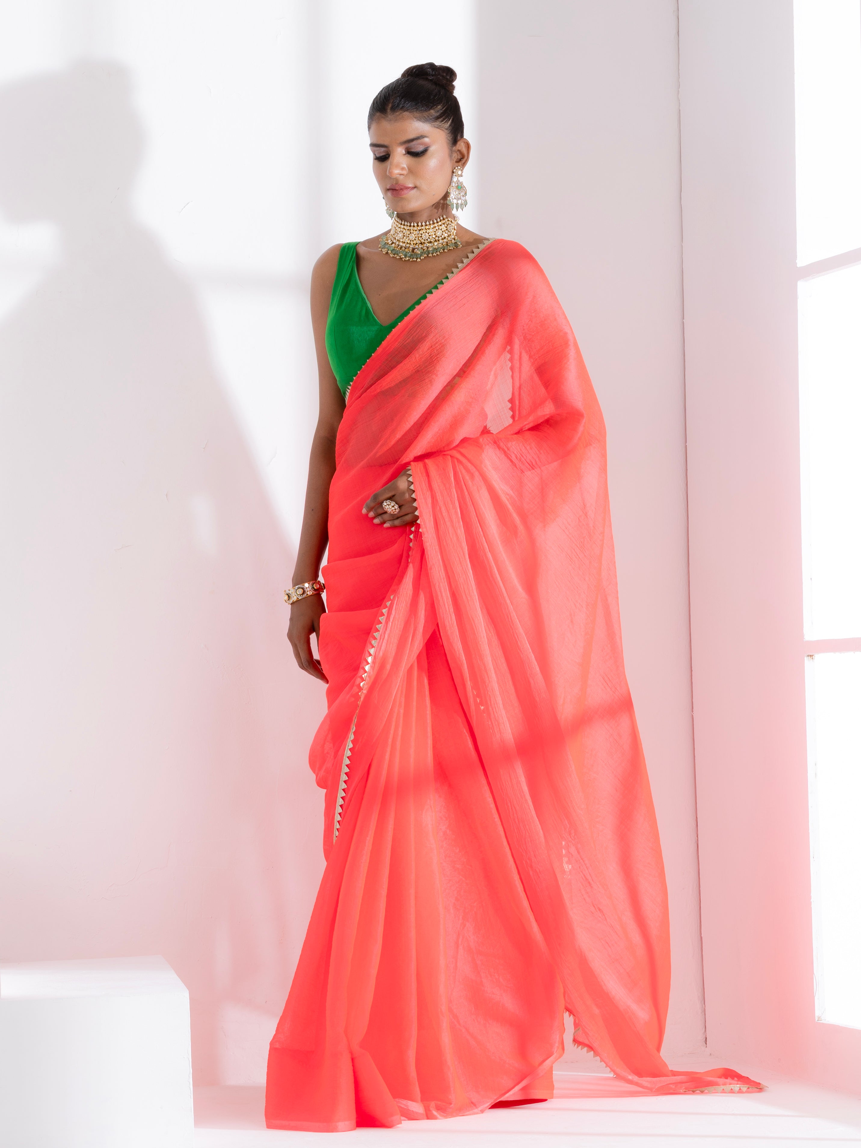 Watermelon Pink Chiffon Saree with Lace and Green Posh Blouse Fabric