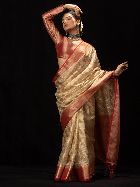Red and Beige Organza Saree with blouse fabric
