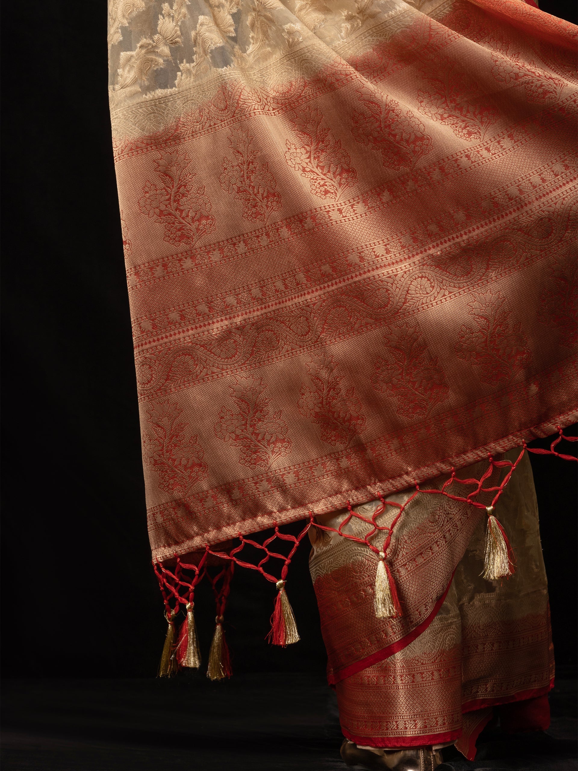 Red and Beige Organza Saree with blouse fabric