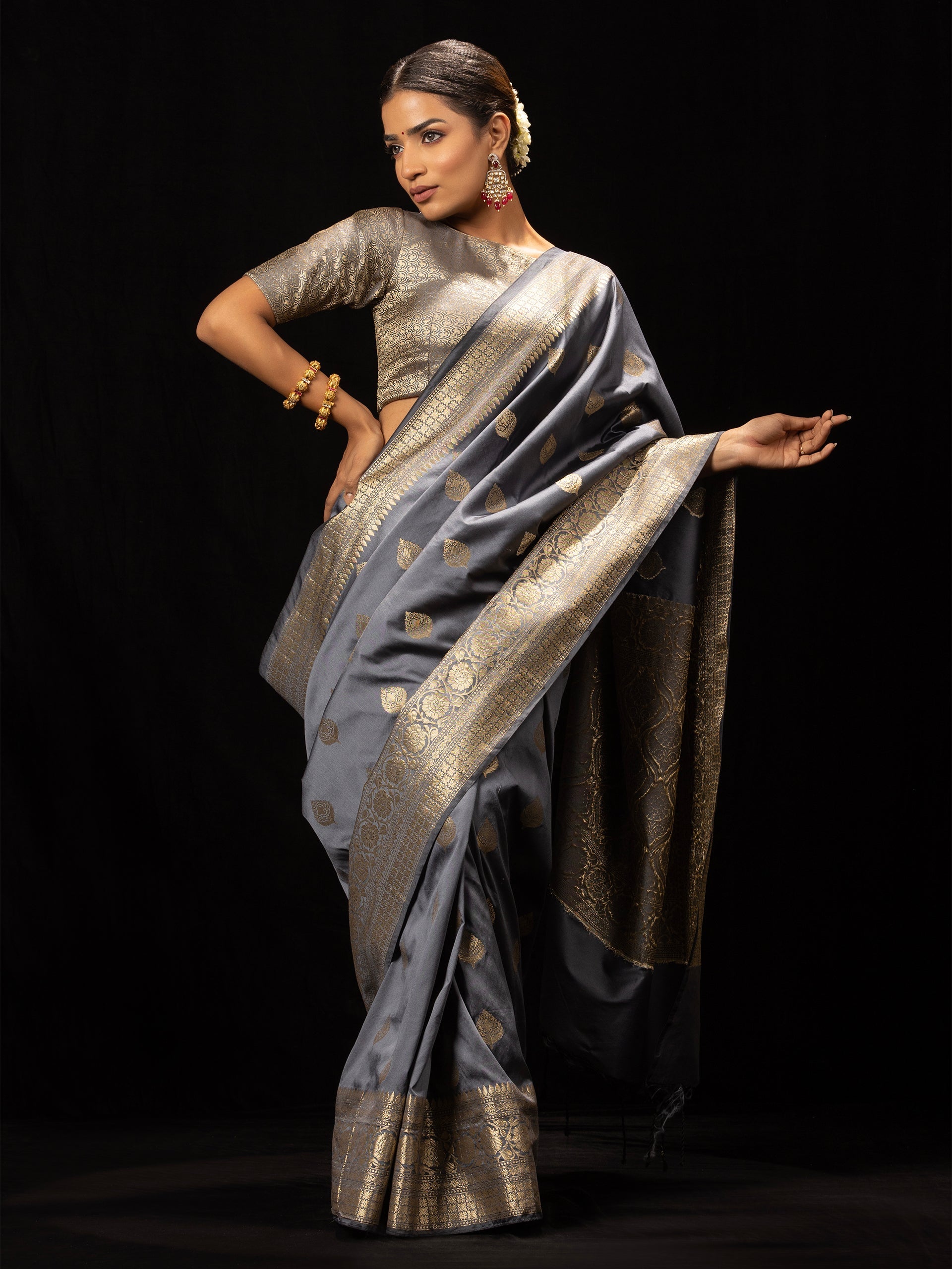 Grey Golden Leaf Muga Silk Saree with Blouse Fabric