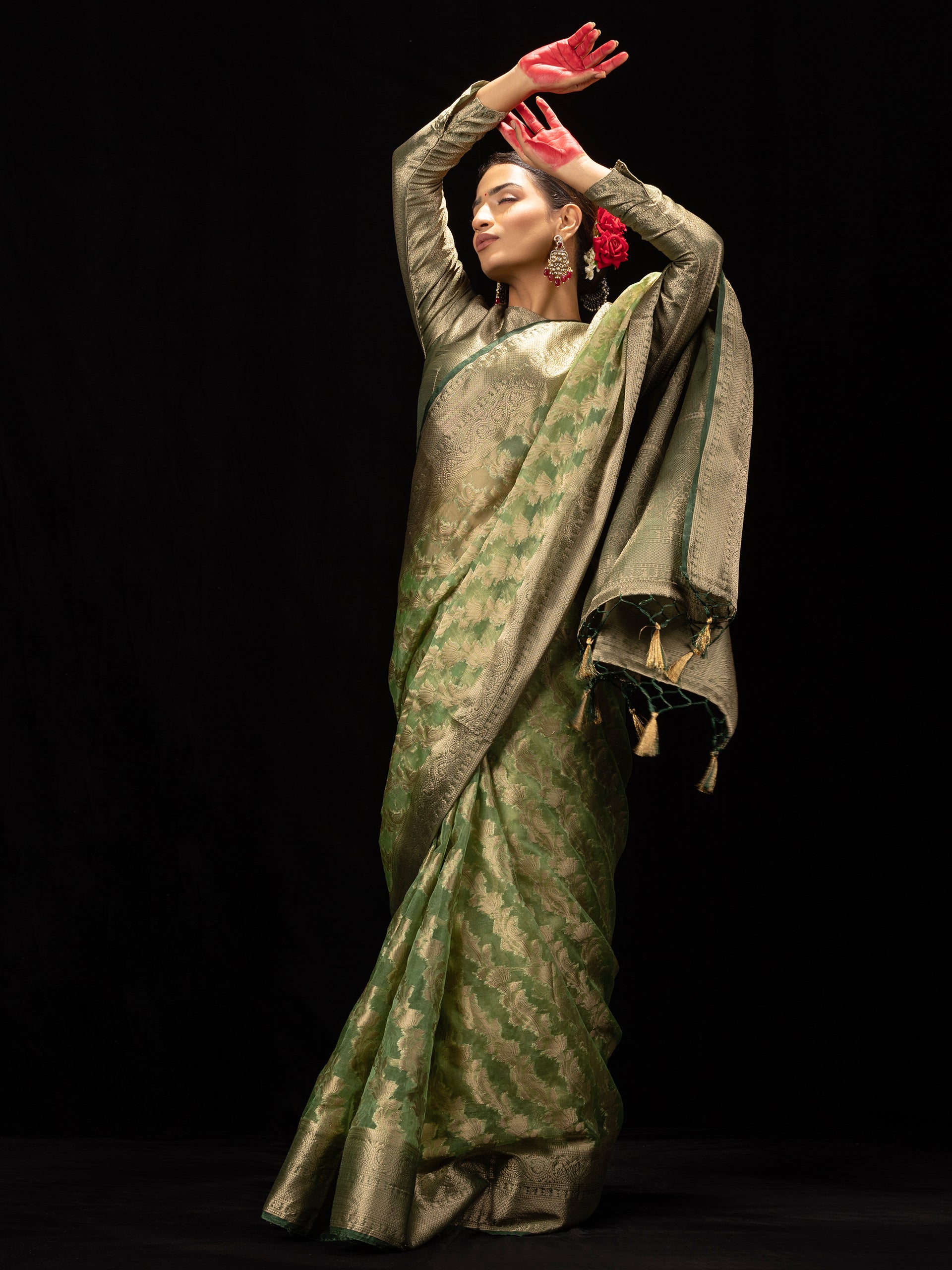 Heena Green Organza Saree with blouse fabric
