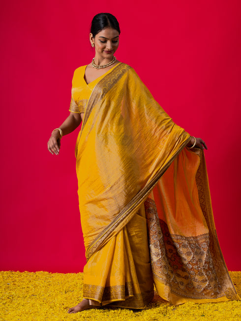 Mustard Brown Gold Shine Soft Saree with Blouse Fabric