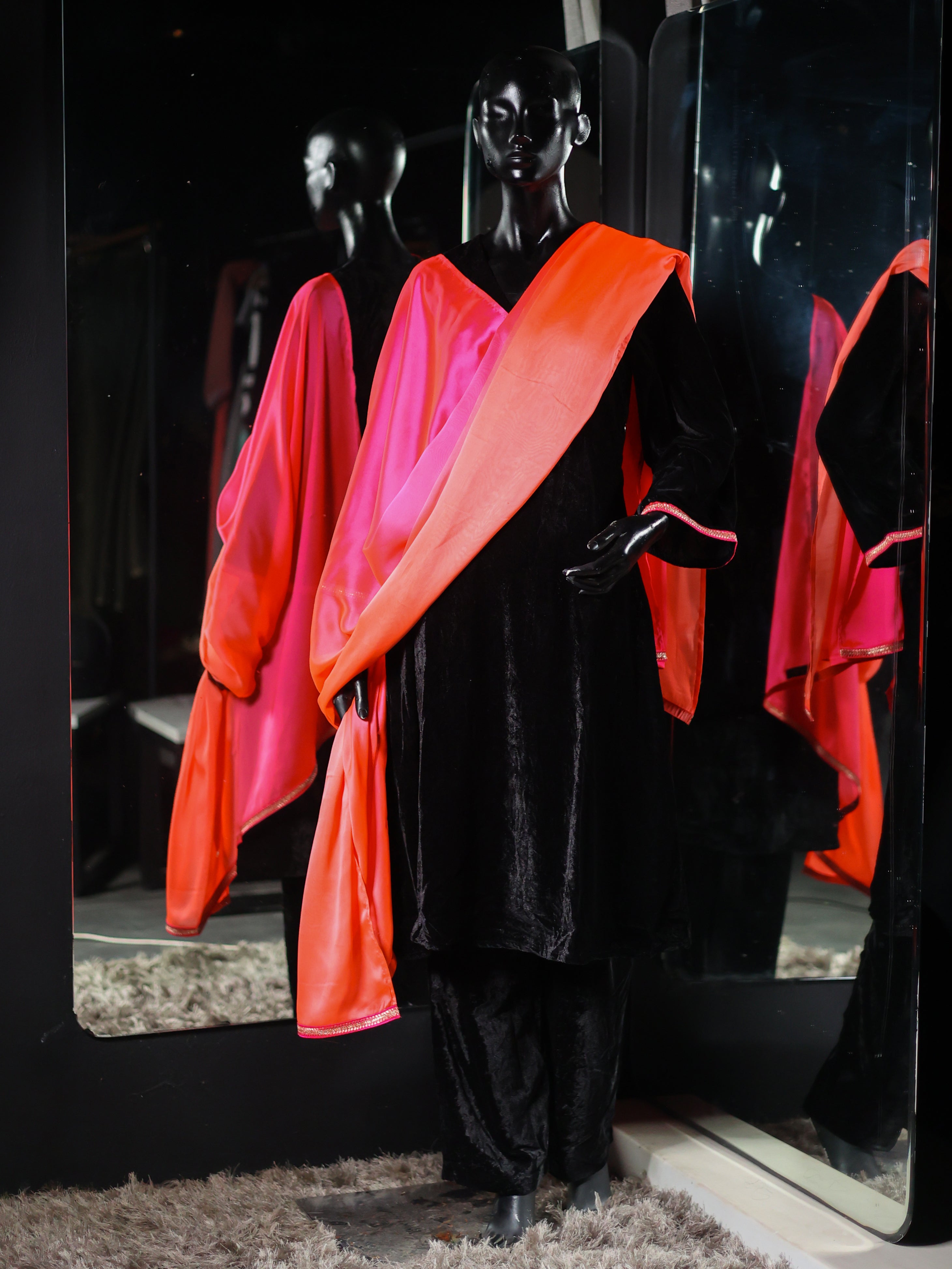 Women's Black Velvet Kurta with Pant and Pink Sunset Dupatta with Lace 3 Piece Set | Straight Fit, Round Neck, Full Sleeves, Pants, Festive Wear, (Velvet)