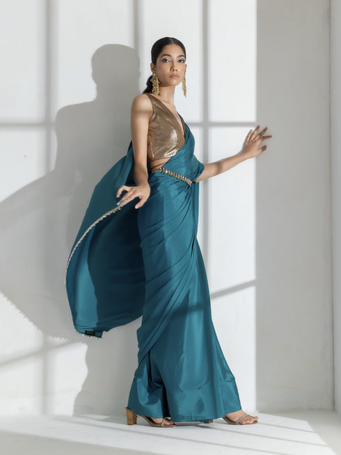 Blue Beauty Crepe Saree with Diamond lace and Self Blouse fabric