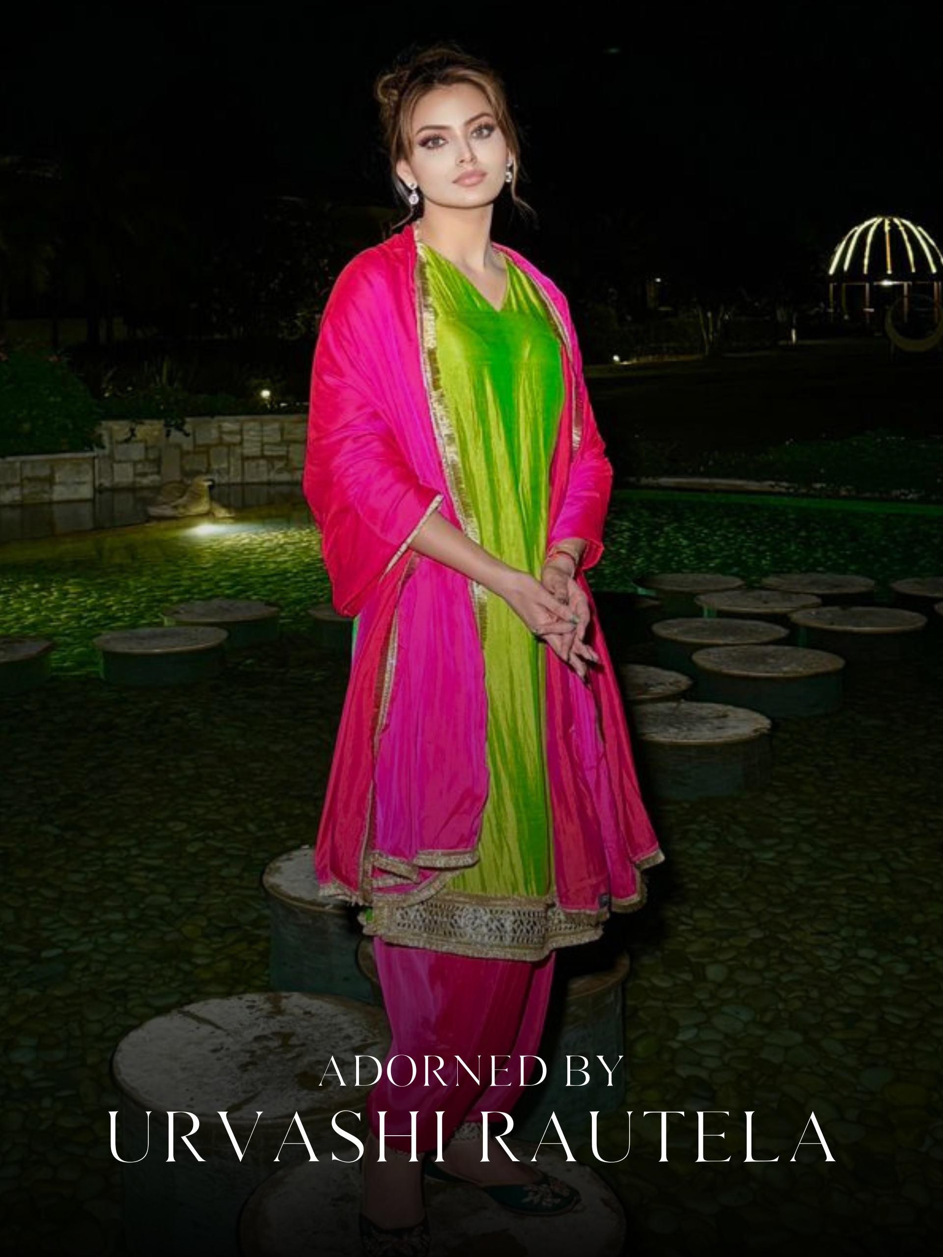 Women's Chartreuse Lemon Kurta with Fuchsia Pyjama and Laces 2 Piece Set | A-Line, V Neck, Full Sleeves, Pyjama, Festive Wear, (Satin)