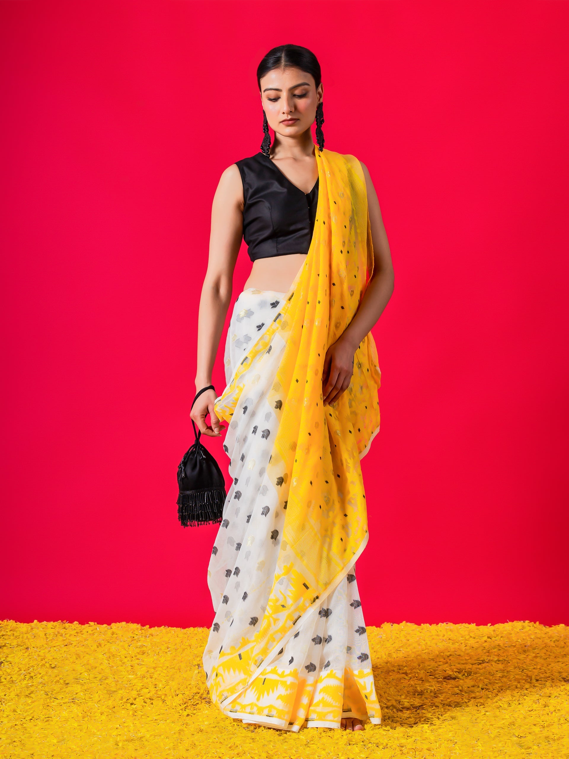 Nayantara Yellow and Black Jamdani Cotton Saree
