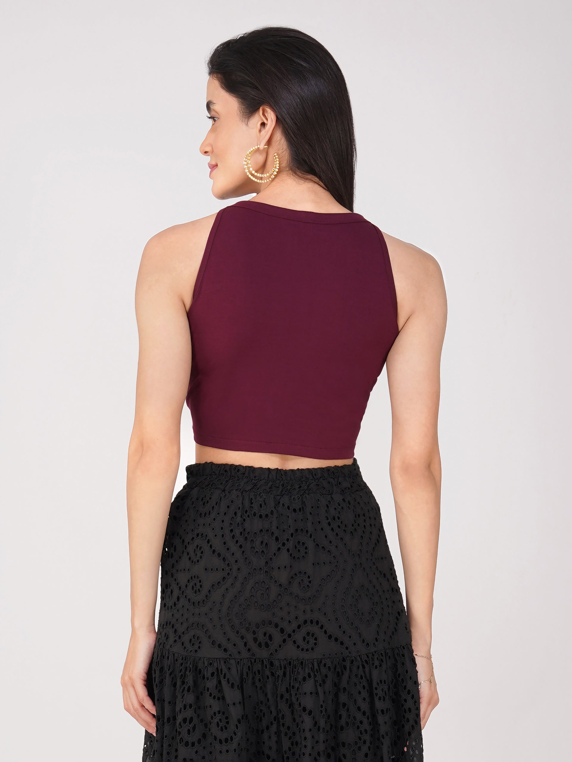 Women's Stretchy Knitted Halter Neck Wine Crop Top