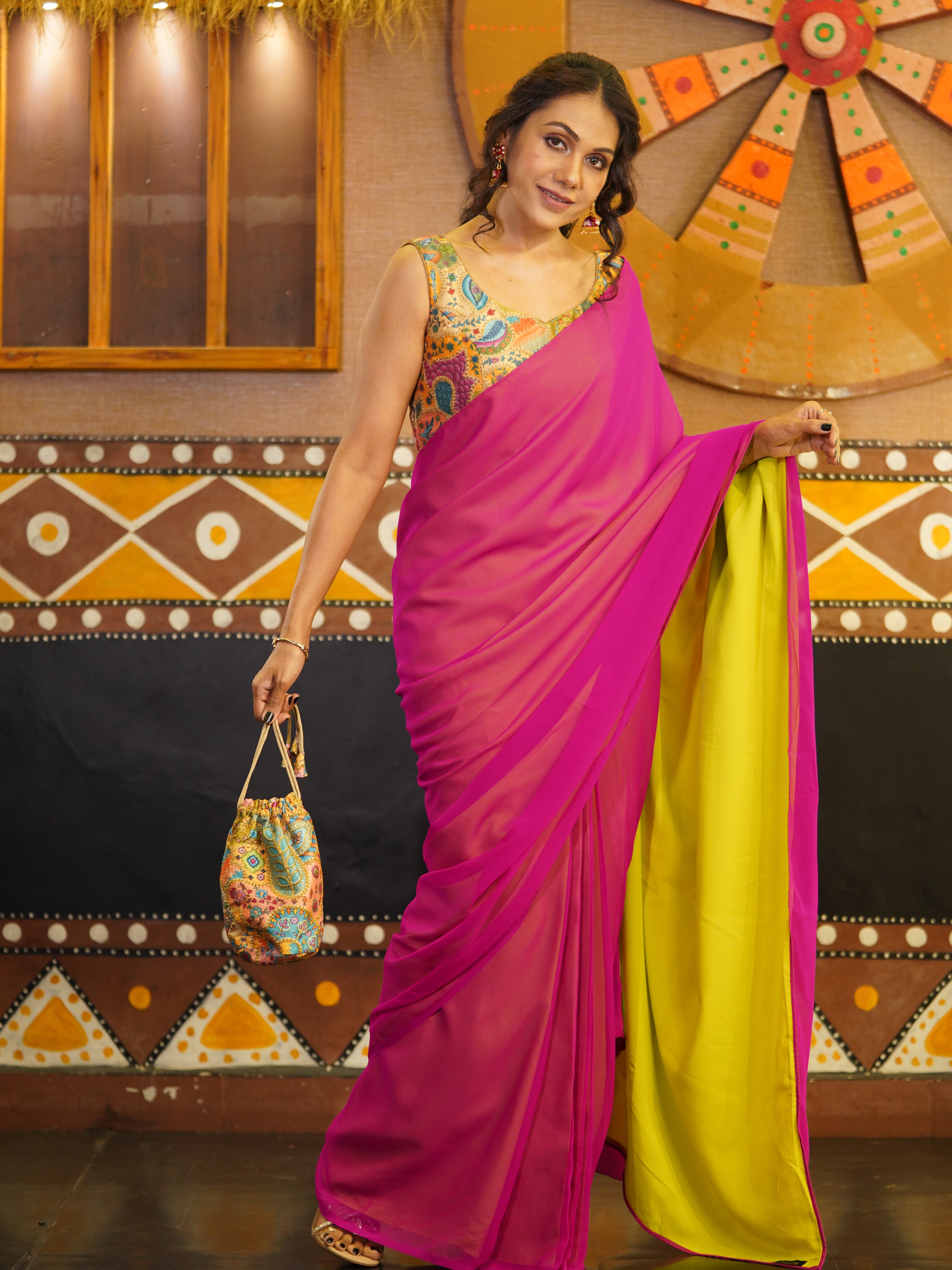 Pre-Draped 1-Minute Fuchsia Georgette with Neon Yellow Crepe Saree with Pearl Pendants and Blouse Fabric